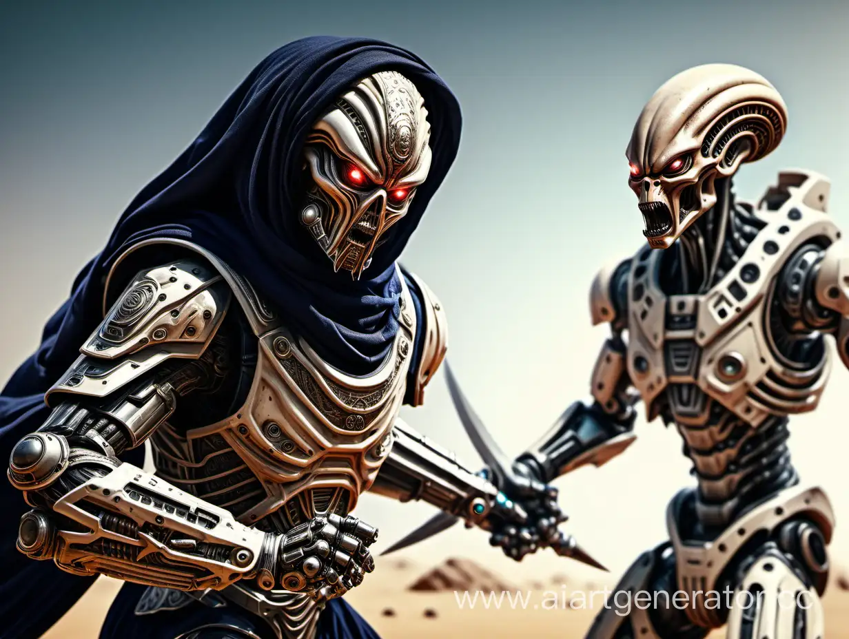 close up, elite Arab warrior armed with a saber fights with an alien robot, high detail, precise focus