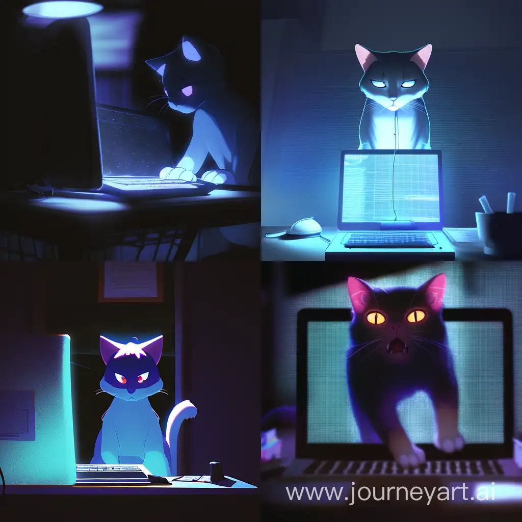 кот ходит по ноутбуку в темной комнате