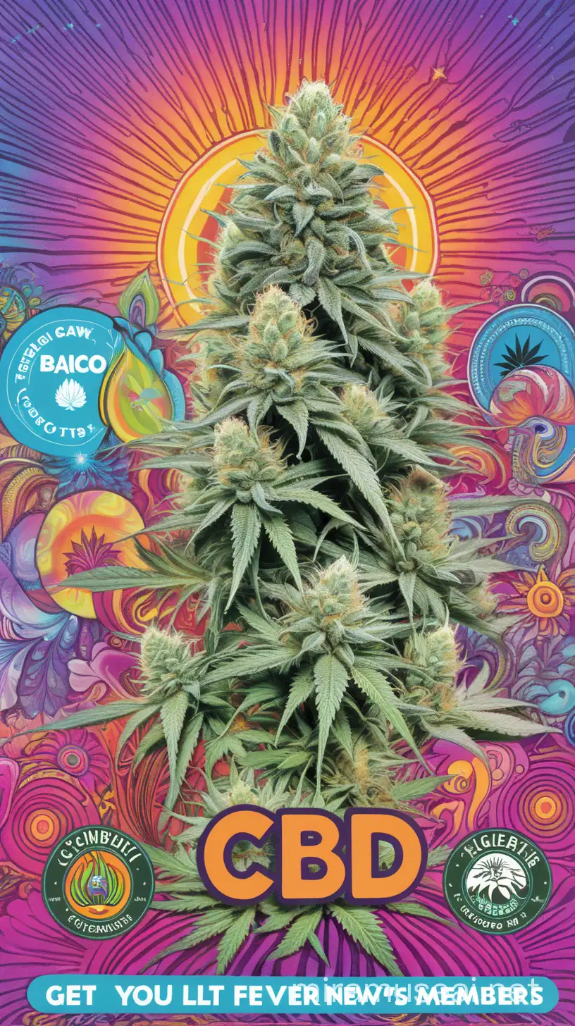 PSYCHADELIC POSTER FOR CBD+ WITH THE WORDS "GET YOUR FREE OG AFGHAN PRE-ROLL FOR EVERY NEW MEMBER YOU BRING TO CBD+"
