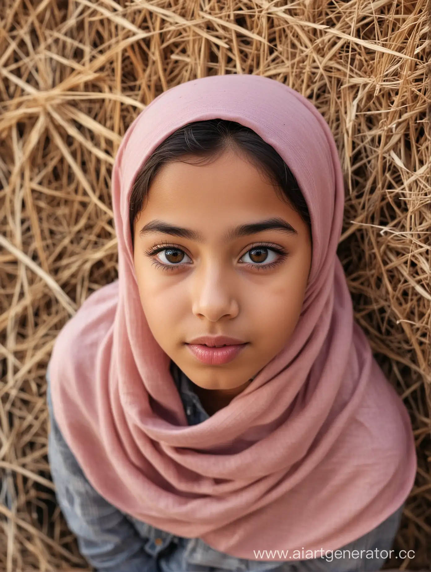 A little egyptian girl. 12 years old. She wears a hijab, skinny wear. Close pov shot. Close up. From above. 8k sharp. Pretty face. Sits on the hay bales. Pursed lips. So beautiful, so cute. Opens mouth. Pov. Looks horny. Sharp eyes. Tongue is out.