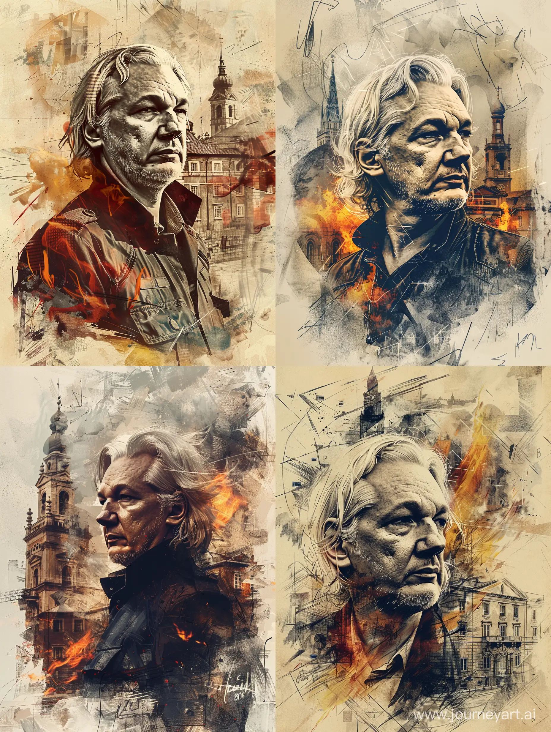 poster, loose sketch portrait of Julius Assange, influence of tolouse lautrec, background of old buildings or historical objects or fire or clouds or something extraordinary and inspiring but blurred, 8k --ar 3:4 --stylize 200 --v 6