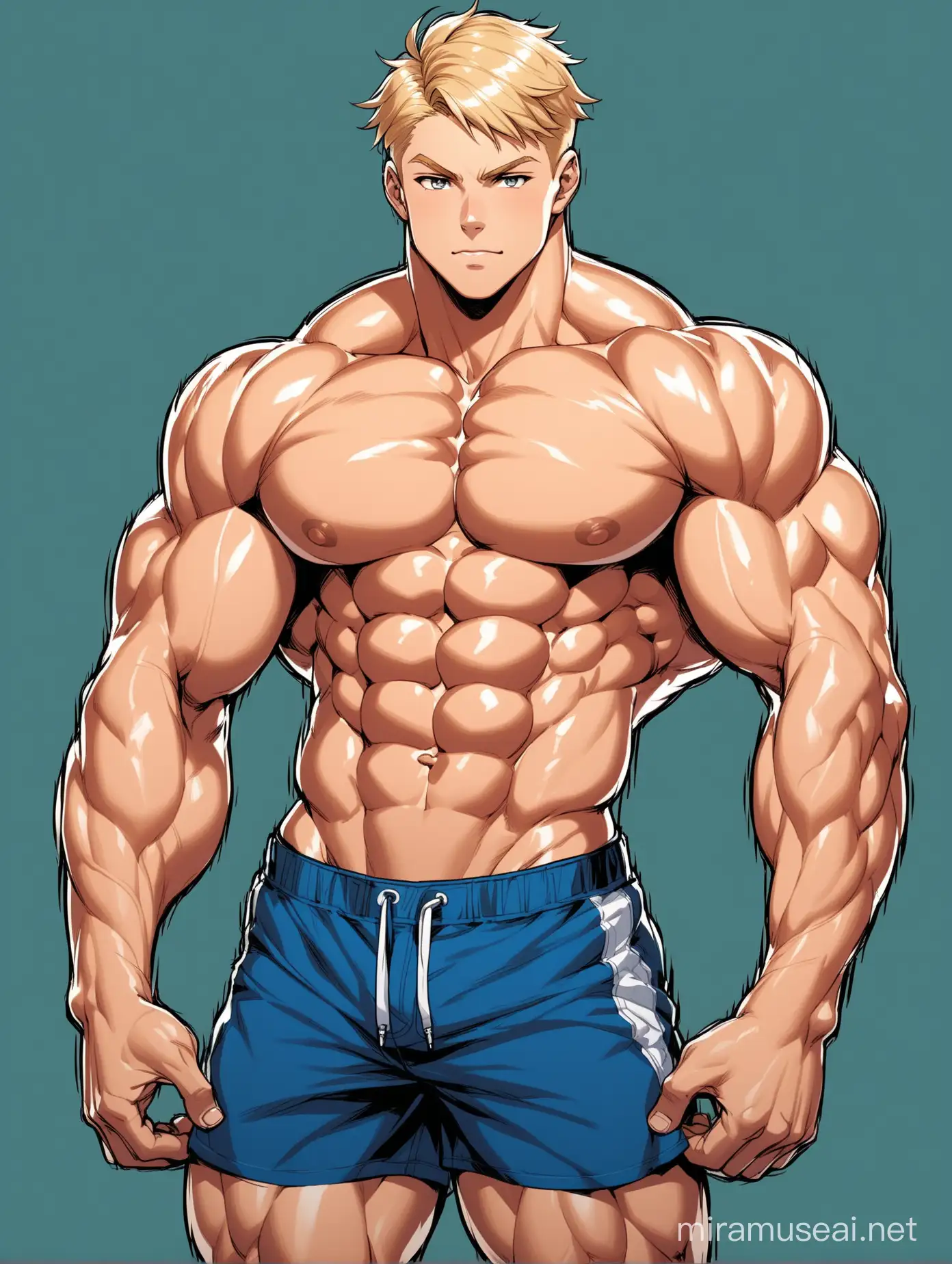 Full color drawing of an extremely muscular teenage male with short blond hair, a very beautiful, delicate face, wide shoulders, huge biceps, hard six-pack abs, and very strong and powerful legs, wearing shorts or trunks