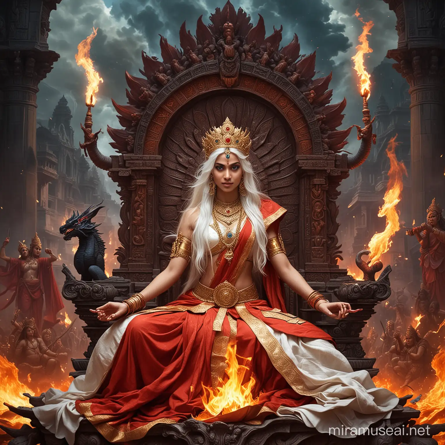 Majestic Hindu Empress in Combat Amidst Fiery Divine Realm