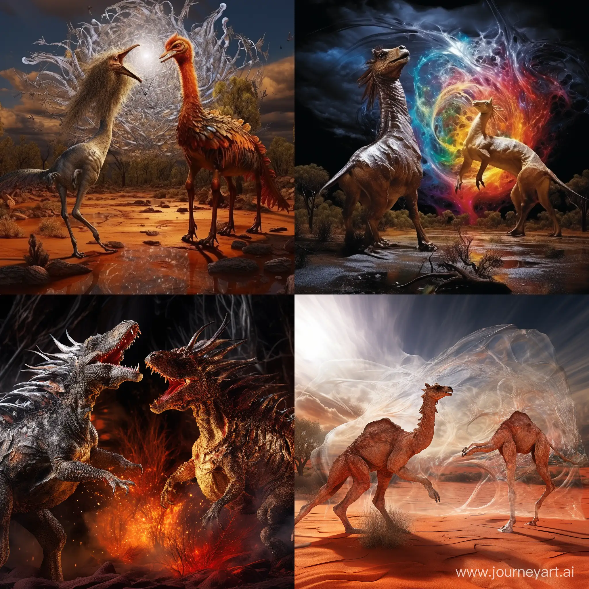 панорама, один динозавр сражается против одного кенгуру, holography