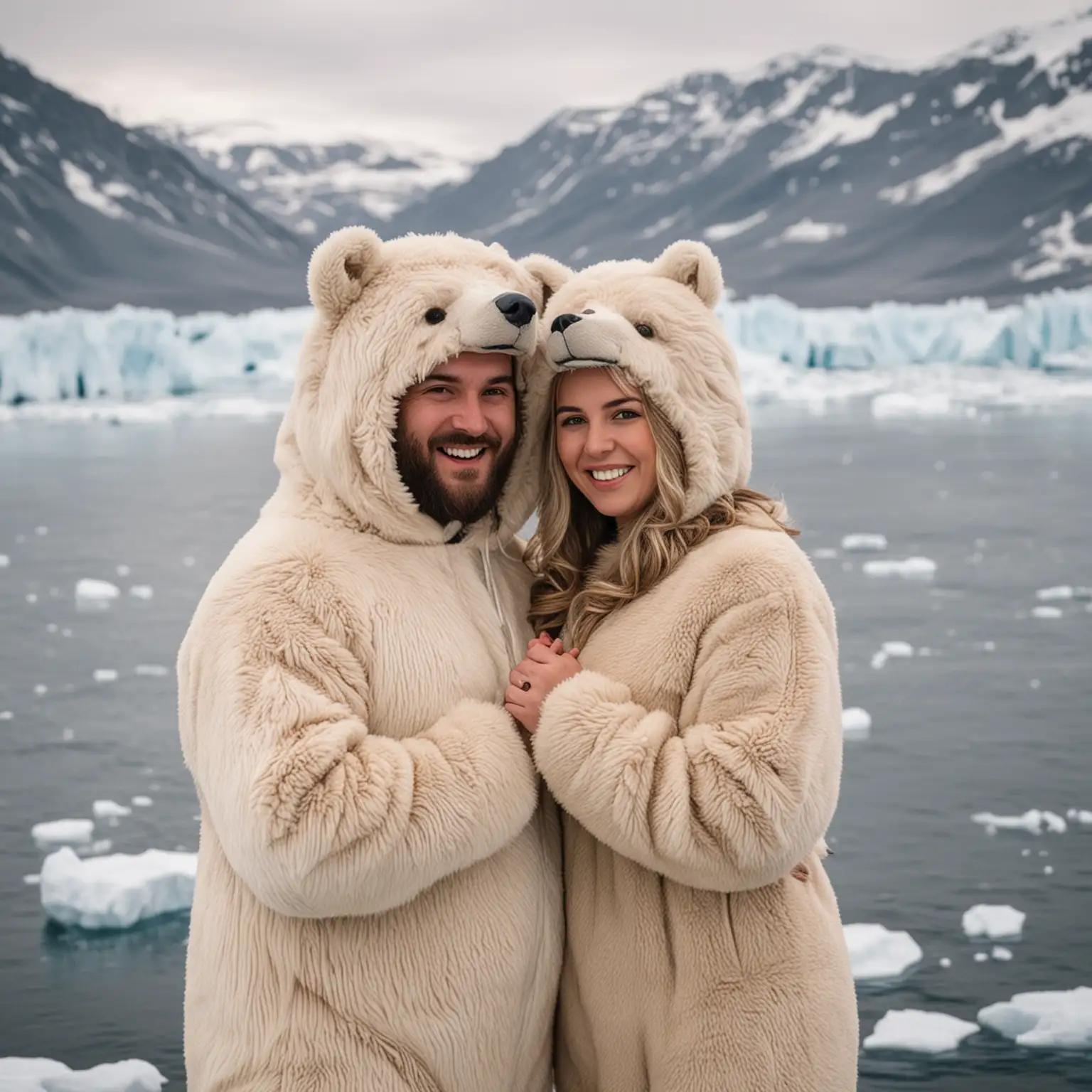 Affectionate Couple Embracing in Bear Costumes amid Arctic Landscape