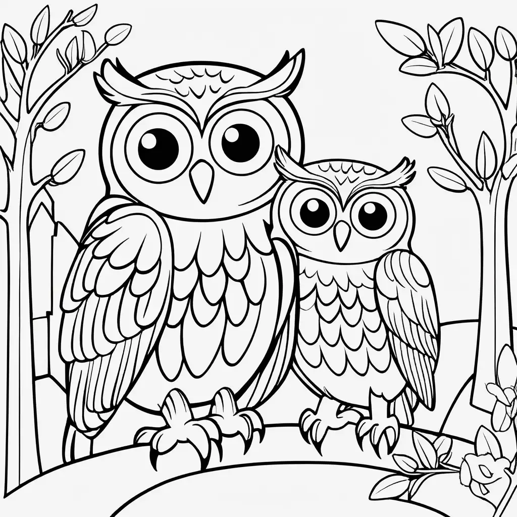 Create a coloring book page for 1 to 4 year olds. A simple cartoon cute smiling friendly faced Owl and its friendly faced parents with bold outlines in their native enviroment. The image should have no shading or block colors and no background, make sure the animal fits in the picture fully and just clear lines for coloring. make all images with more cartoon faces and smiling