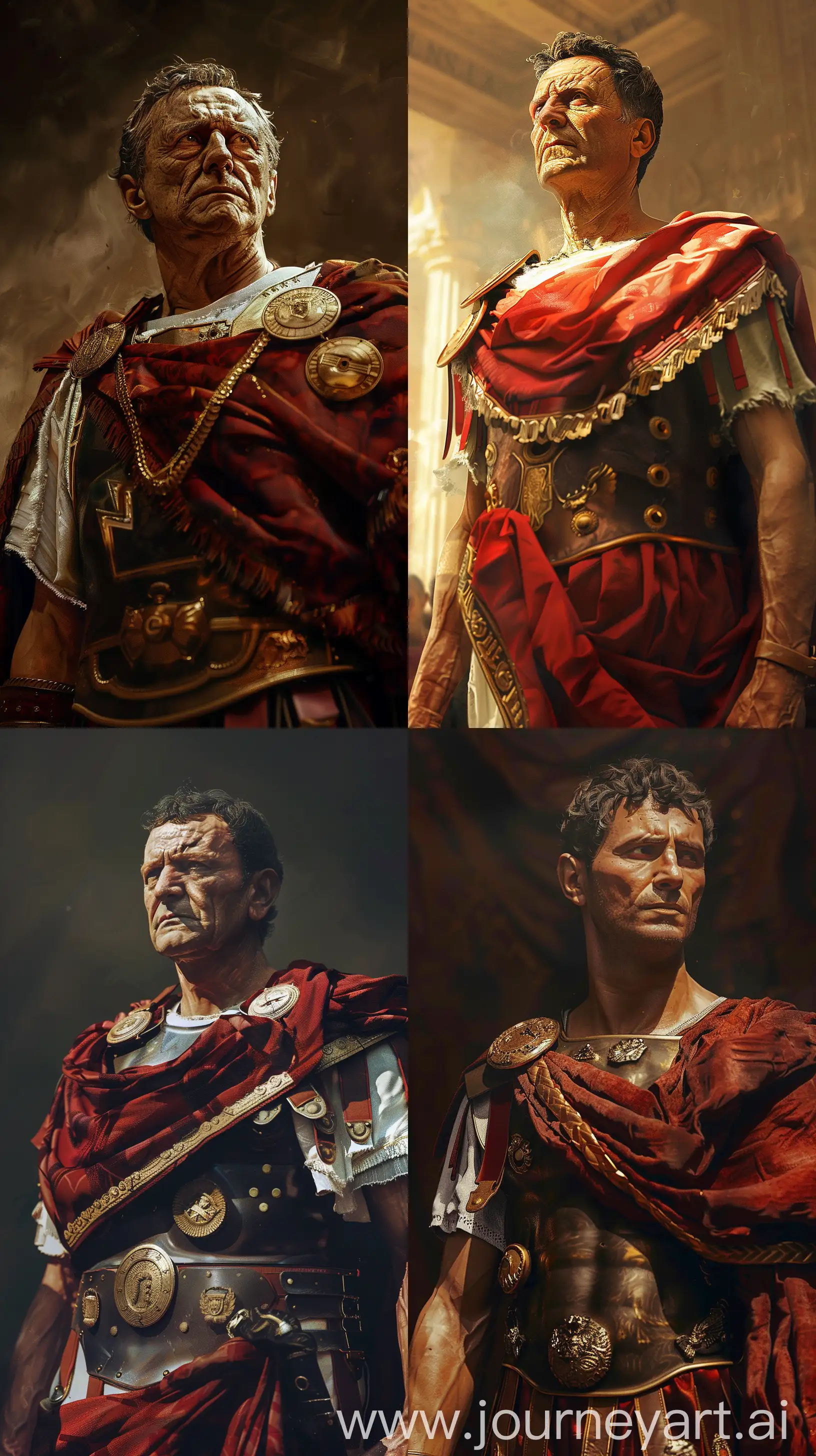 Gaius Julius Caesar standing tall bold and brave, depicted in Augustus attire, historical accuracy, Digital Painting, Extreme Close-Up shot, Hard Light Drama --ar 9:16