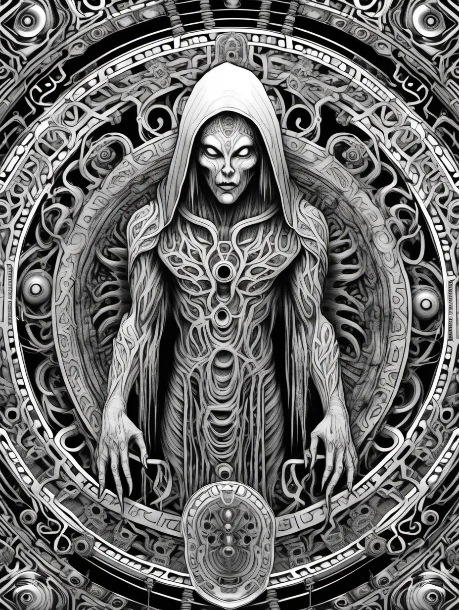 Adult coloring book page. High details. Black and white. No grayscale. Open spaces for coloring. Perfect symmetry mandala scaled for ar 3:4. Hooded cultist ritual on altar in style of H.R. Giger.