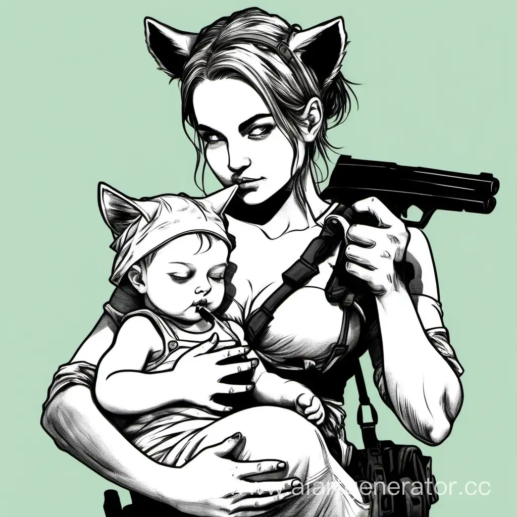 The girl with cat ears and a tail holds a breastfeeding baby to her chest and feeds it milk, while holding a gun in the other hand.