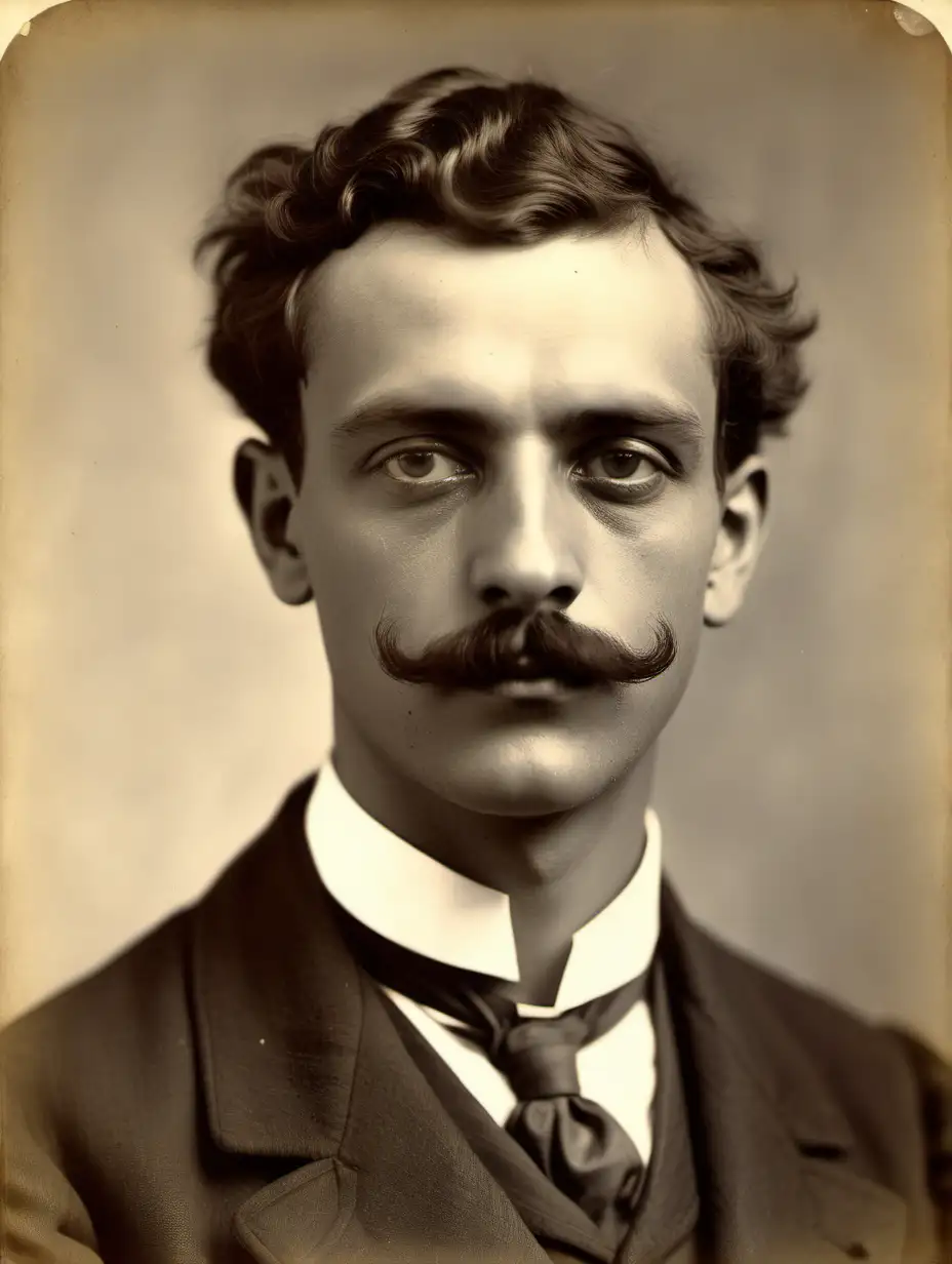 A head and shoulders vintage portrait from around 1900 portraying a slightly ugly young man with a bushy mustache, the brother of a respected civil servant from Funchal, on the island of Madeira, regarded as the most intelligent of the family, studied law at the University of Coimbra, brilliantly pursuing a career in the judiciary, however, his life was disrupted by a significant event: he fell deeply in love with a woman who never reciprocated his feelings