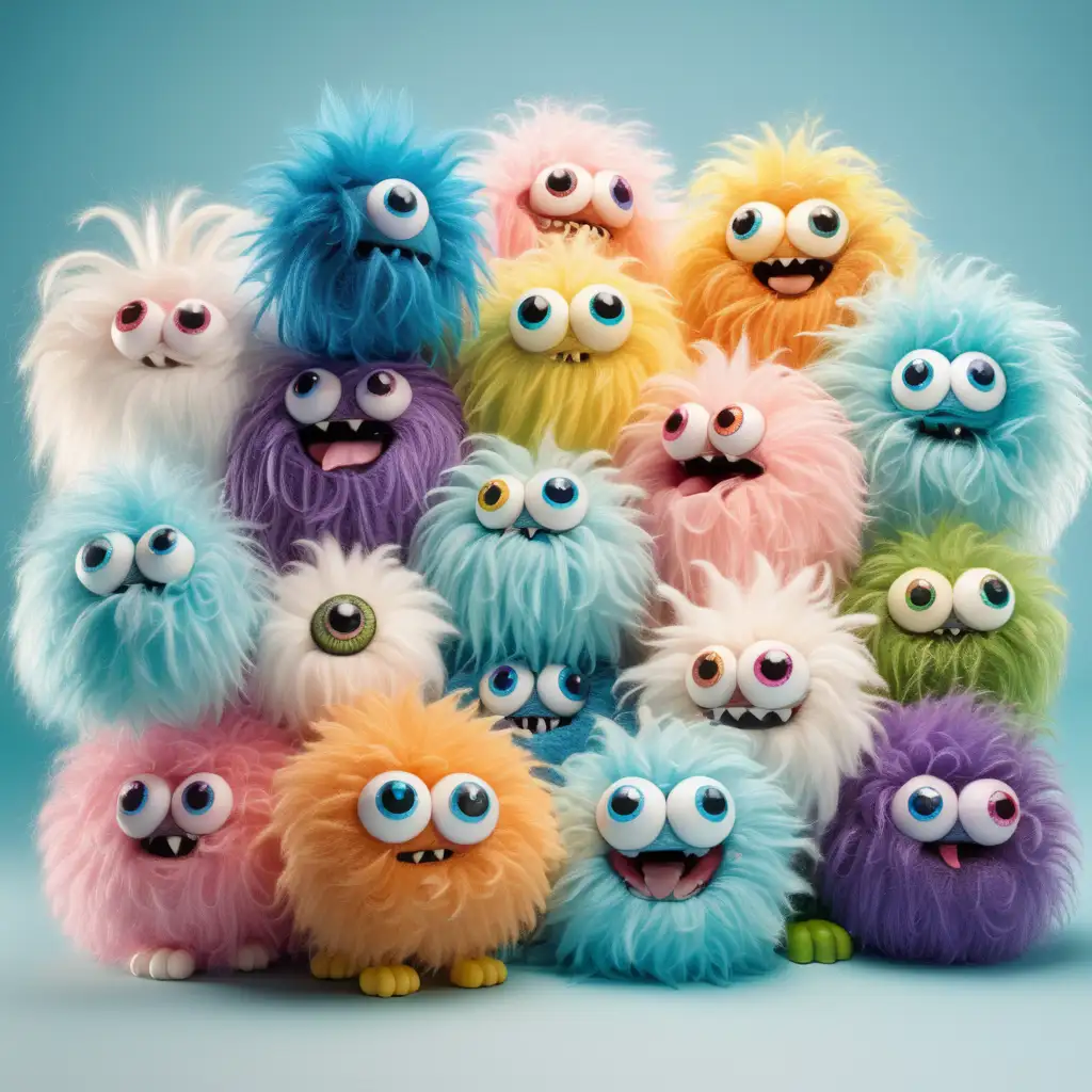 round fluffy creatures of various colors with googly eyes