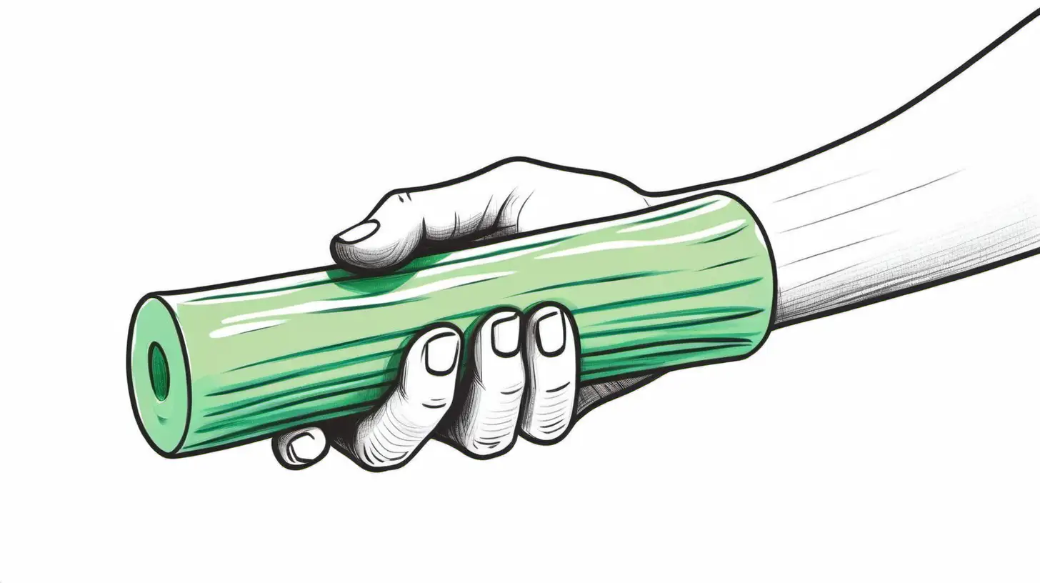 illustration sketch of a hand holding a green pool noodle. On a white background