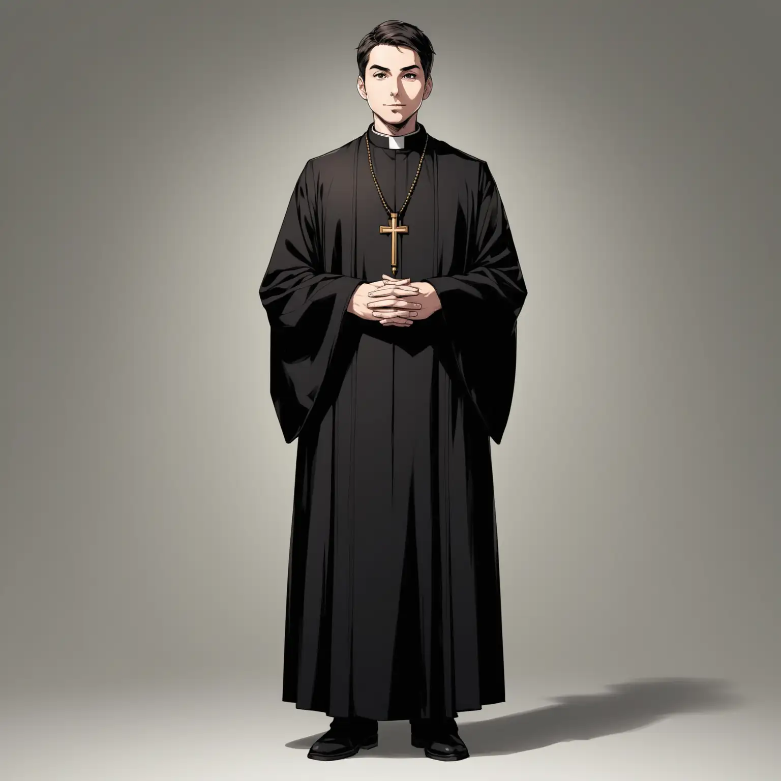 Full body front view, plain background, Male Priest wearing black 