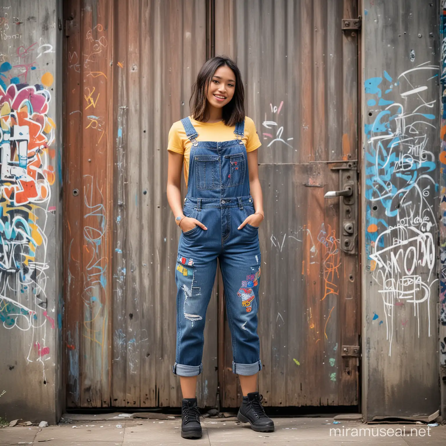 A beautiful 20 year old Indonesian female teenager, wearing contemporary overalls, is standing and posing, the background is a worn steel door with colorful graffiti.