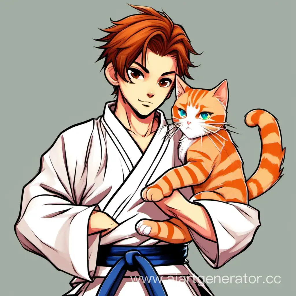 Brunet-Karateka-Holding-Ginger-Cat