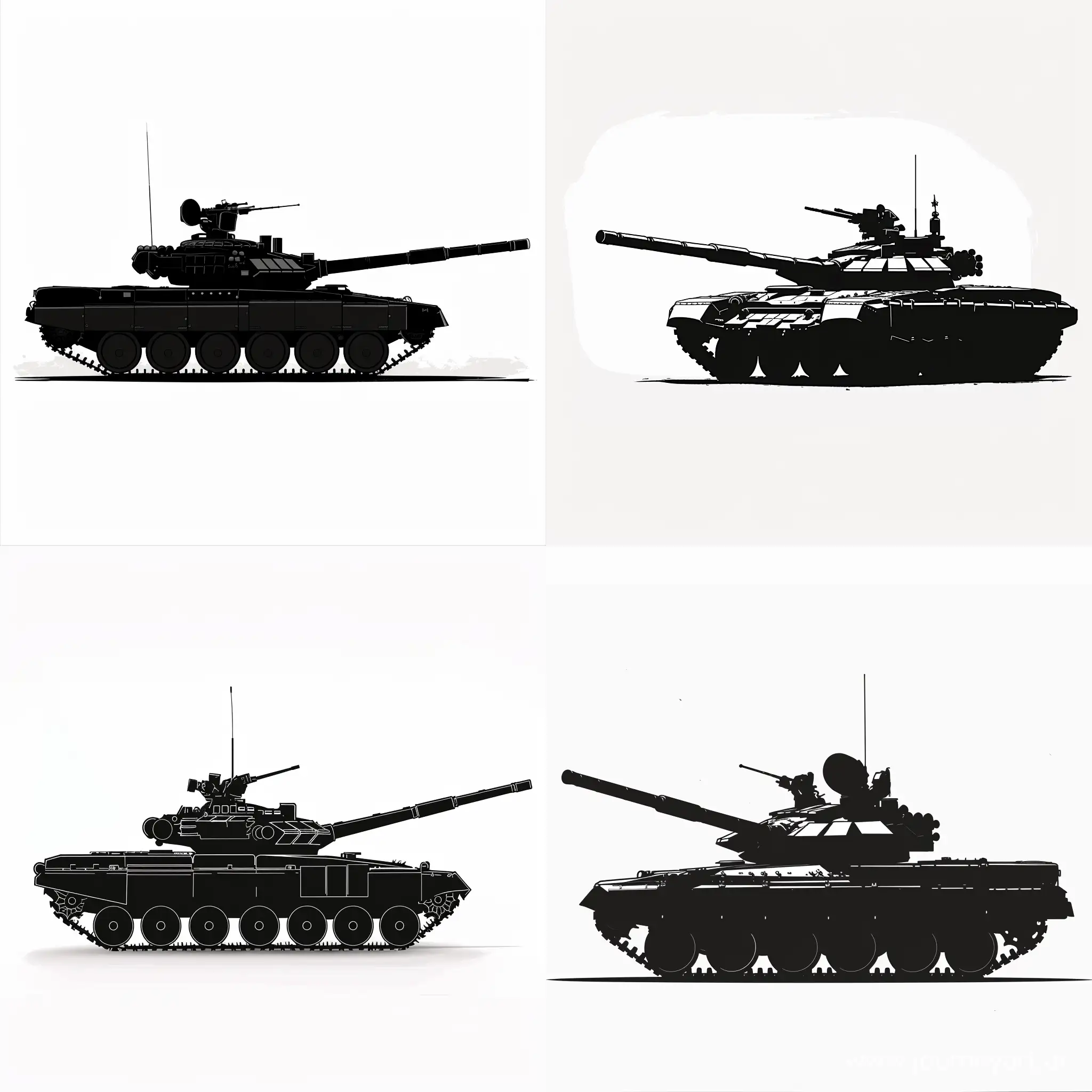 russian T-90 tank, profile, vector, black silhouette on a white background, minimalistic, black and white, alpha mask,