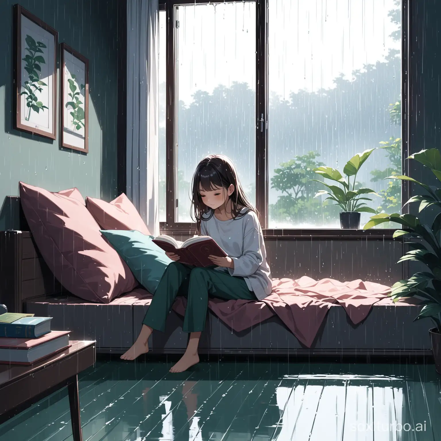 The girl is reading alone at home, and it's raining outside.