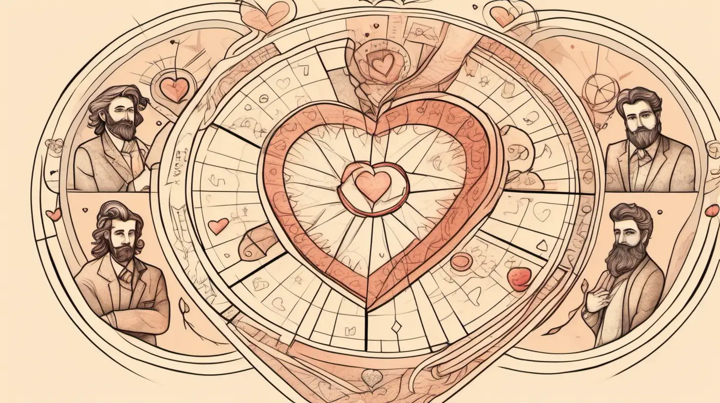 Draw An astrological wheel with
thinking male faces and heart shapes and wedding ring. Loose lines. Muted color, add a banner with text
