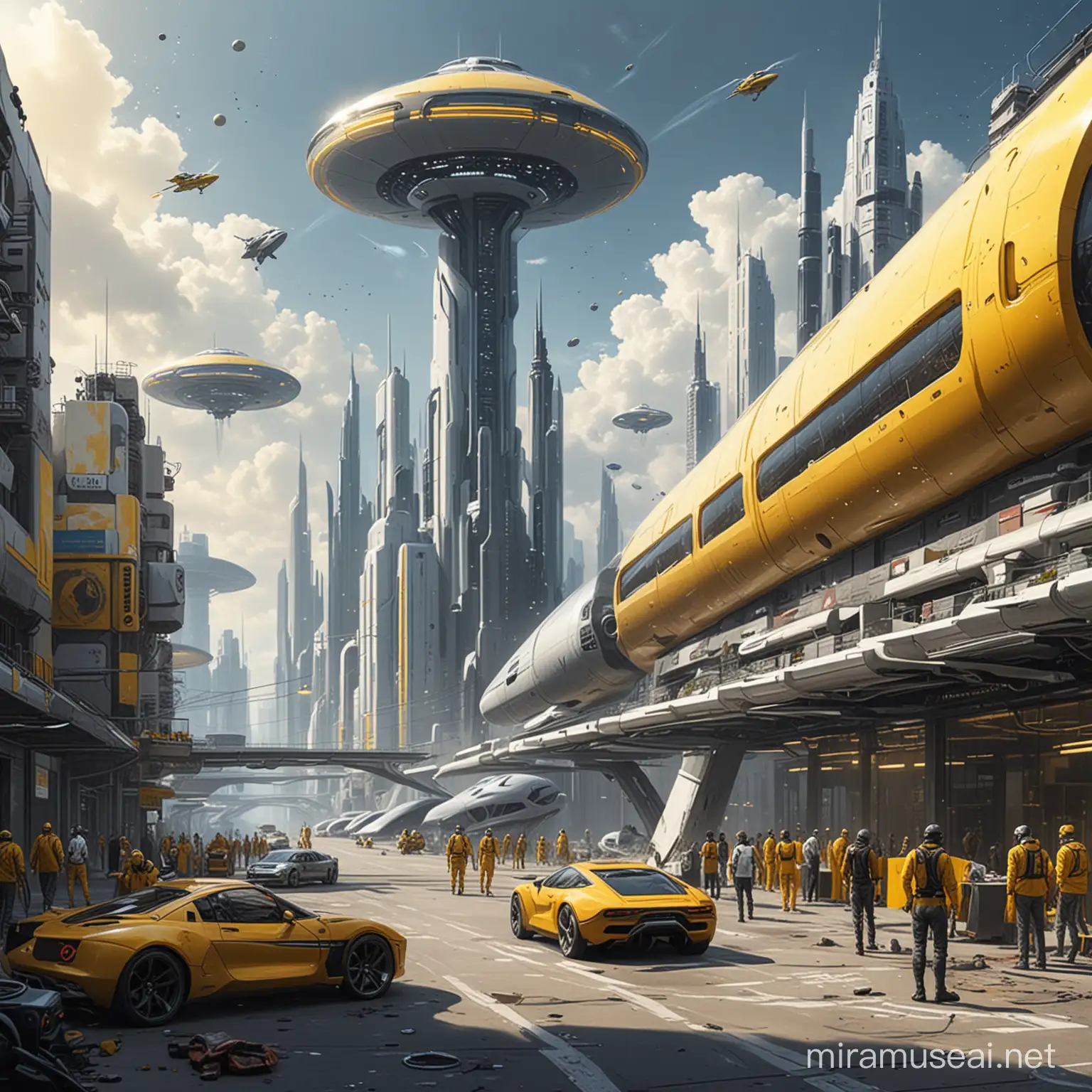 Draw in a fantasy style in yellow, white, gray and black tones: a panorama of the city of the future from a little above. In the foreground, but not the dominant image, is a work meeting with aliens; humans and humanoids dressed in overalls are sitting at an oval table. There are only six of them A little behind is the futuristic factory of the future and next to it is the IEK sales office building. Futuristic flying cars cruise between buildings. A rocket and a UFO are flying in the space sky The main colors of the painting: yellow, white, gray, black.