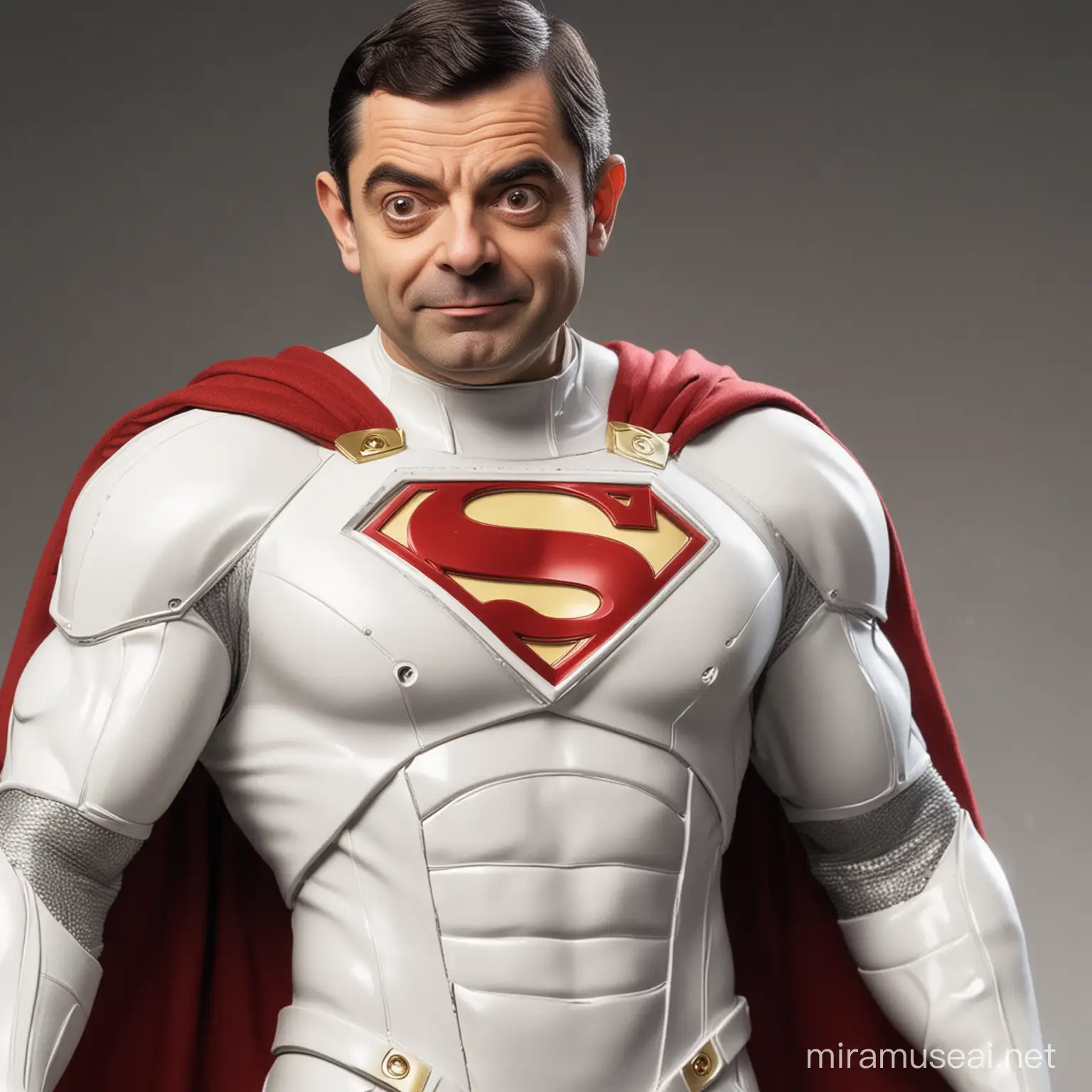 Mr Bean Cosplaying as Superman in Futuristic White Armor