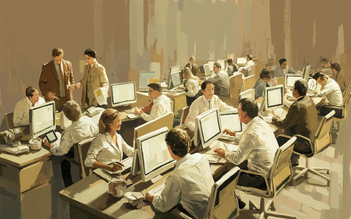 Office, people, computers, business environment. The style is realistic, with an emphasis on the details of the room and the people in it. The colors are muted and the lighting is dim, which creates a sense of mystery and intrigue. Everything is painted with a brush and paints in beige and white tones.