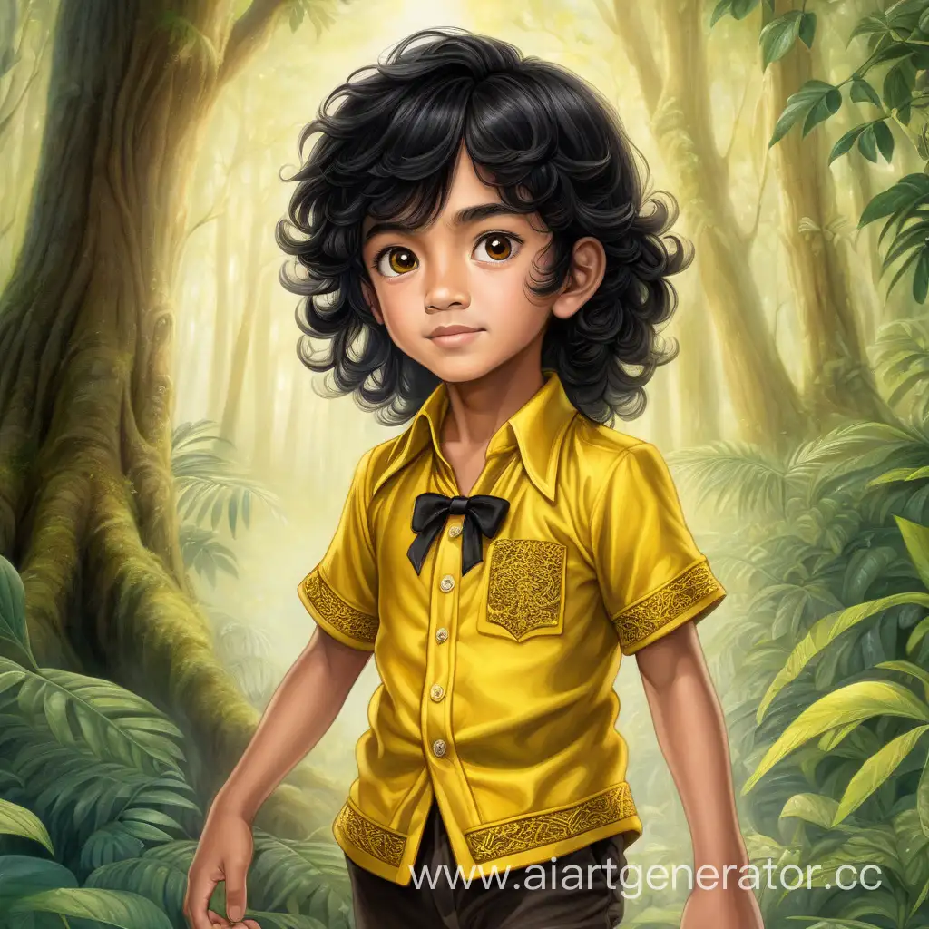 Aria, an 8-year-old boy with a handsome face, thick curly black hair, and dressed in yellow attire.Mia, Aria's mother, is a beautiful 25-year-old widow with long black hair who likes wearing kebaya. Aria and Mia led a simple life, amidst the beauty of the forest that was their home.