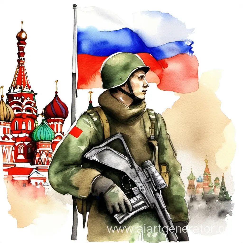 Russian-Soldier-Proudly-Holding-the-National-Flag-Moscow-Watercolor-Art