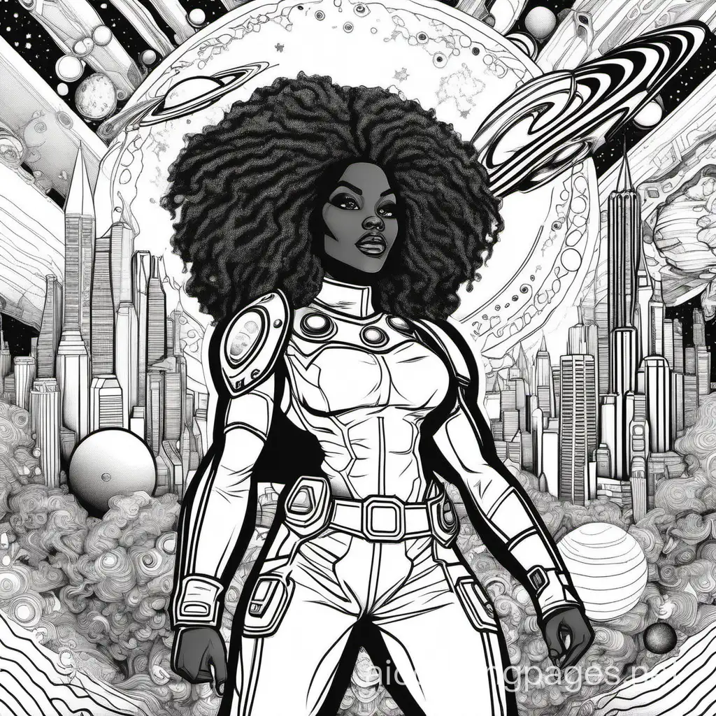 Unleash the magic of alcohol markers in 'Galaxy Gals: An Alcohol Marker Coloring Book of Mighty Cosmic Heroines.' Immerse yourself in a universe where 25 enchanting black heroines, each with her own cosmic prowess, await your artistic brilliance. Navigate through celestial realms, futuristic cityscapes, and the empowering narratives of these cosmic trailblazers. With intricate details and captivating designs, this coloring book is a cosmic journey into Afrofuturism and strength, inviting you to infuse every page with vibrant hues and bring forth the radiant energy of these mighty heroines. Let your markers dance across the cosmos, turning each page into a masterpiece of interstellar beauty and empowerment, Coloring Page, black and white, line art, white background, Simplicity, Ample White Space. The background of the coloring page is plain white to make it easy for young children to color within the lines. The outlines of all the subjects are easy to distinguish, making it simple for kids to color without too much difficulty