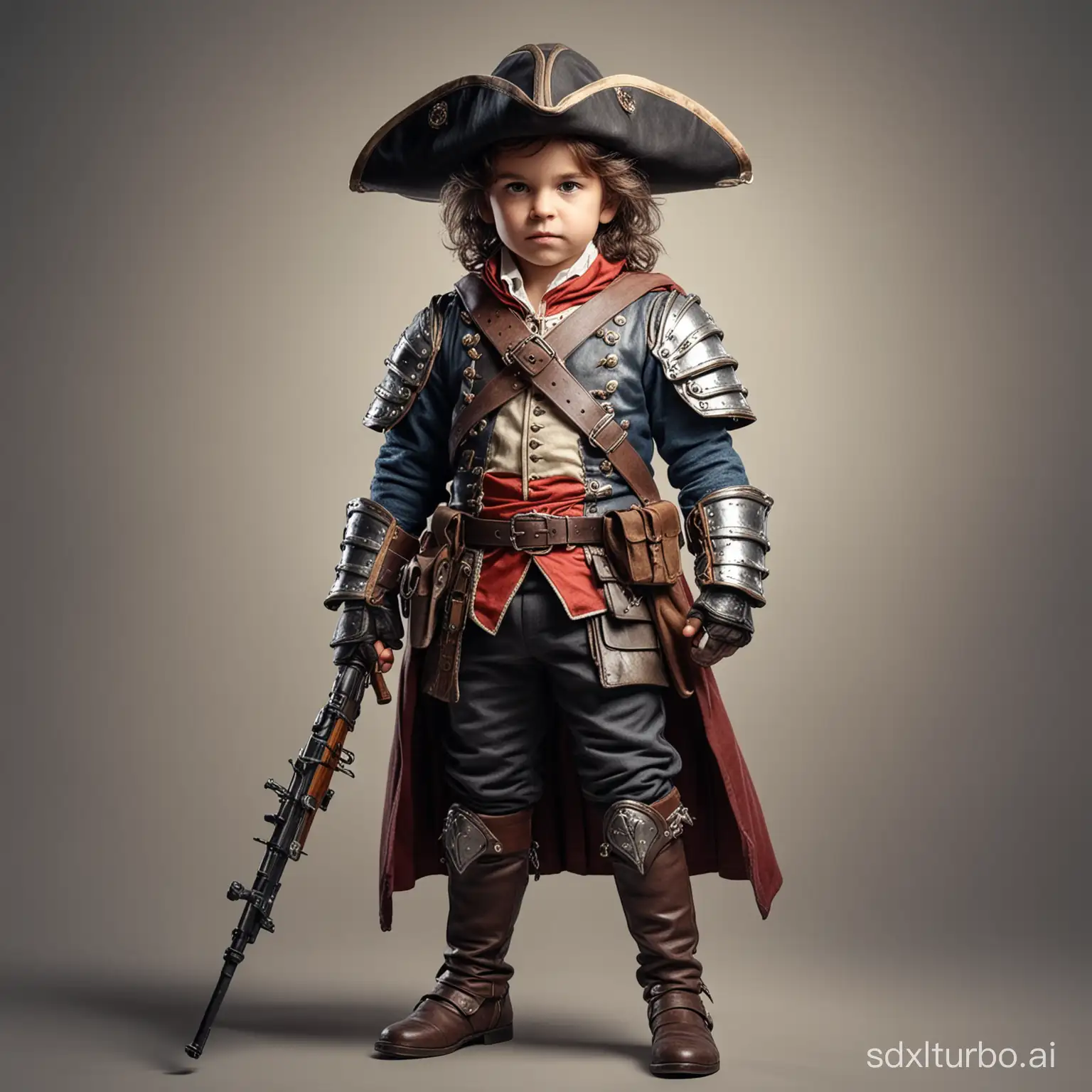 Little child musketeers d'artagnan with masculine face, wearing full armor with assault rifle, game character, stands at full height
