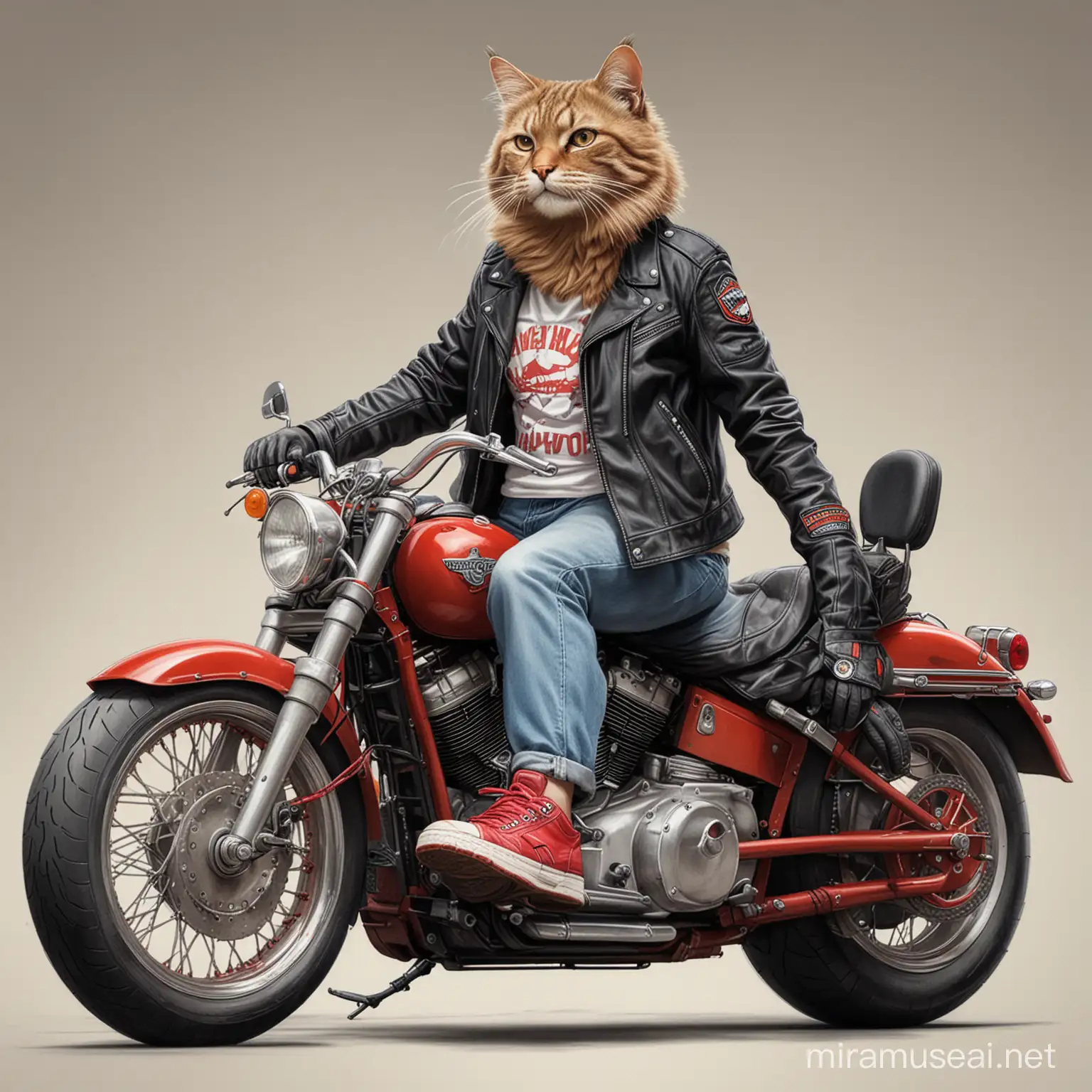 buat gambar realistis seekor kucing besar mengenderai sepeda motor Harley Davidson, kucing memakai jaket, celana pendek dan sepatu sneaker warna merah