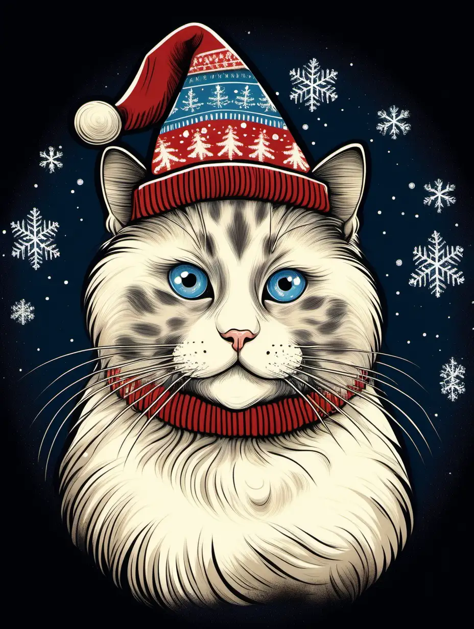vintage illustration of a ragdoll cat with blue eyes wearing a christmas hat and an ugly sweater, black background
