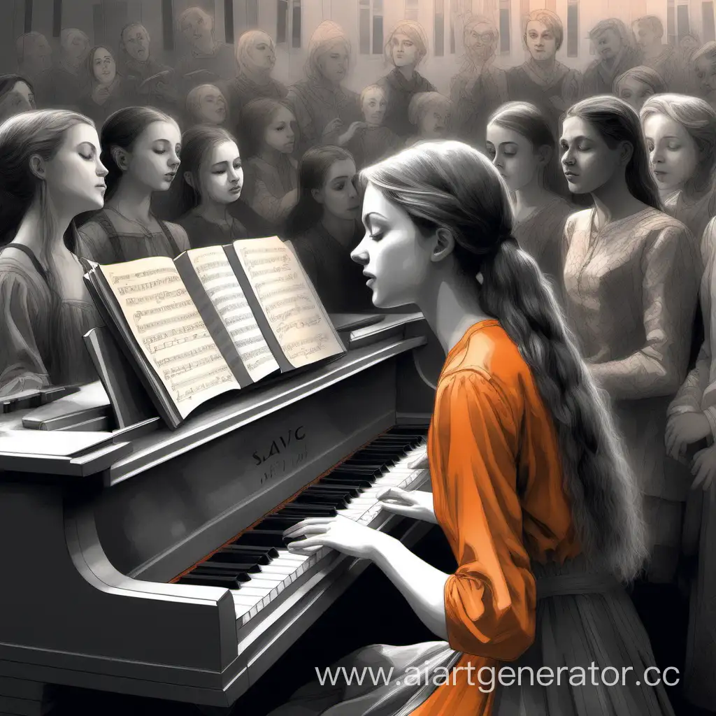 Славянская Девочка поет и играет на пианино  и нескально человек слушают, а вокруг них ноты. картинка в серых и оранжевых тонах