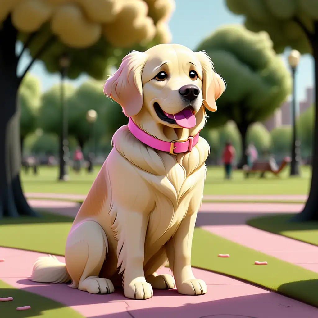 an full body illustration of a sad cartoon cream colored golden retriever wearing a pink collar in a park