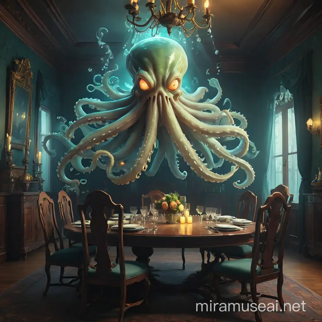glowing kraken ghost hovering in a dining room in victorian style. digital stylized art