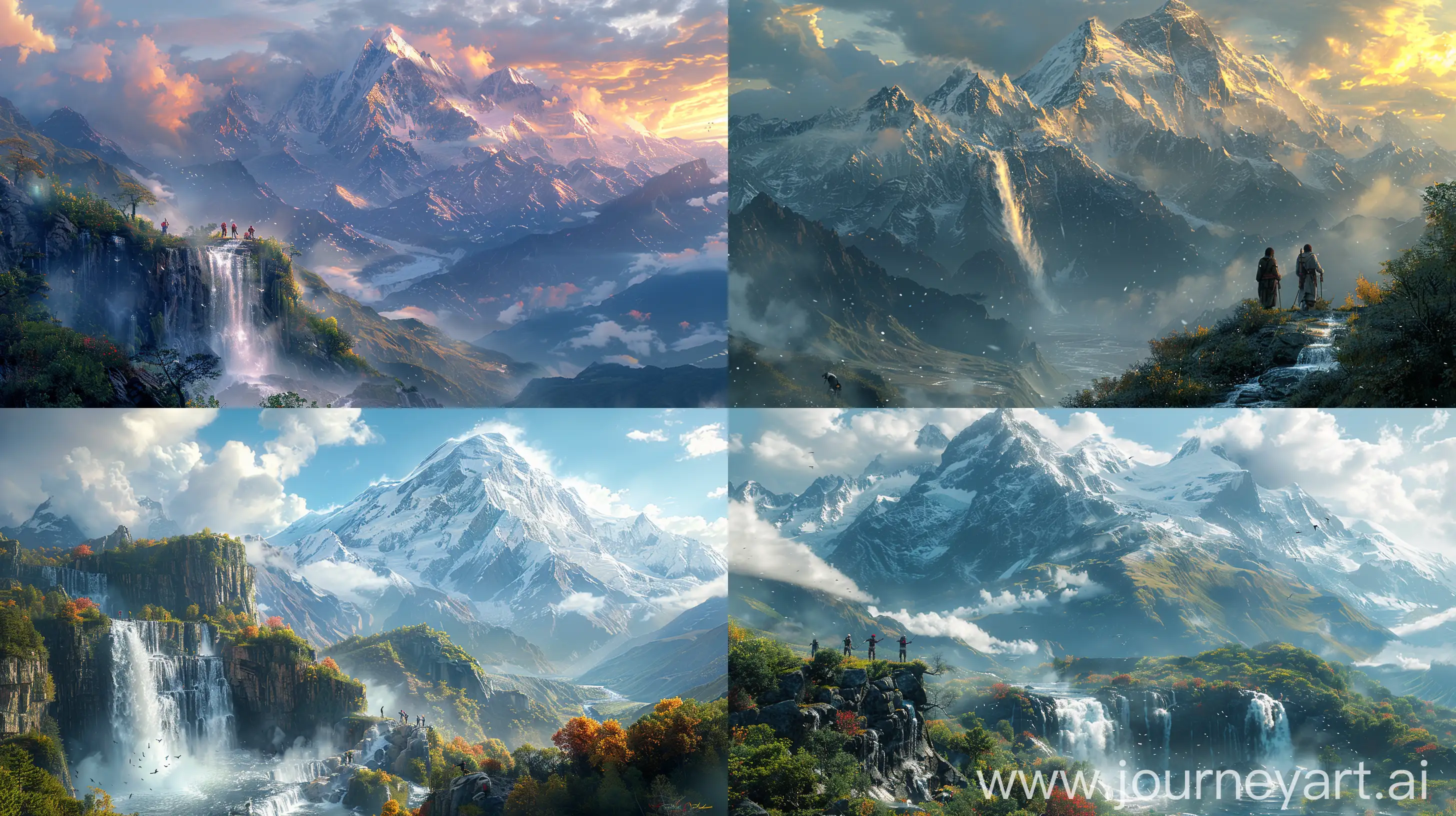  Majestic Himalayan landscape inspired by Christopher Nolan's IMAX cinematic scenes and Ansel Adams's photography, serene with mountaineers, cascading waterfall, snow-capped peaks, ethereal morning light, hyper-realistic, panoramic view --ar 16:9 --s 700 --v 6