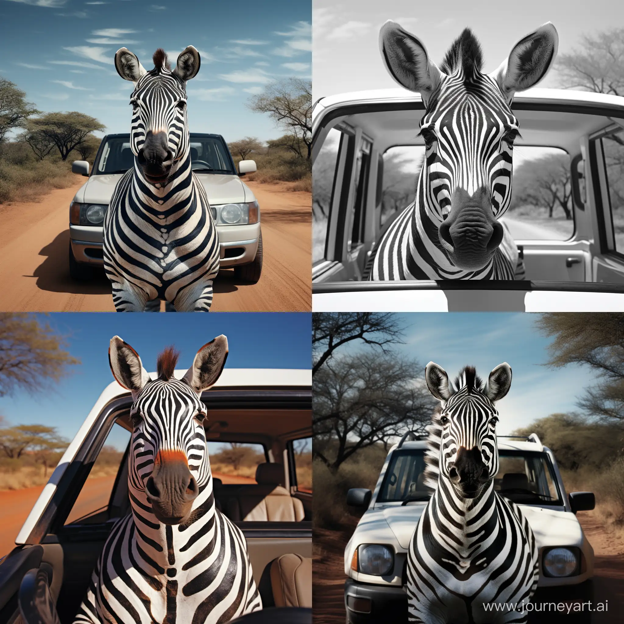 Zebra drives a car, front view