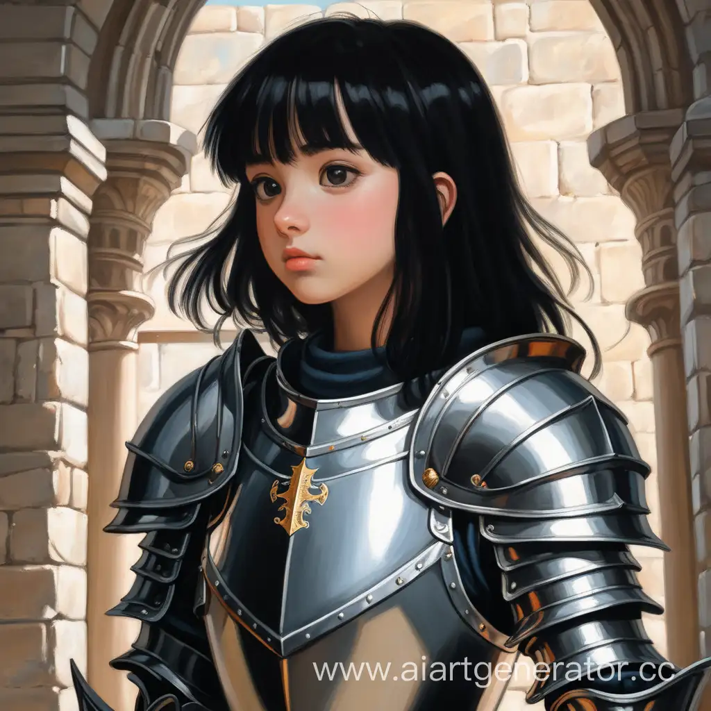  A girl with black hair, wearing a knight's armor