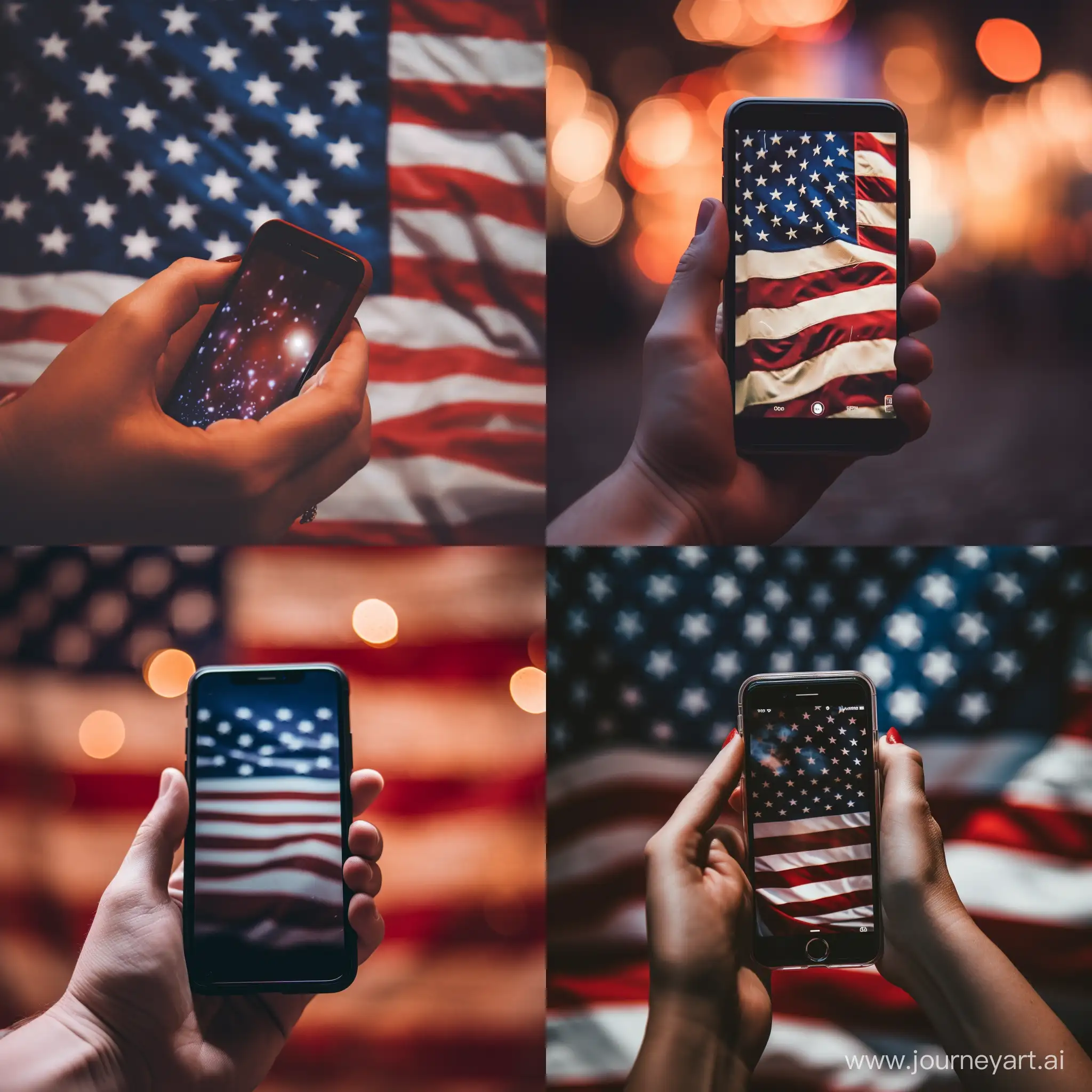 a hand holding the back of a phone, photography, blurry american flag in the background