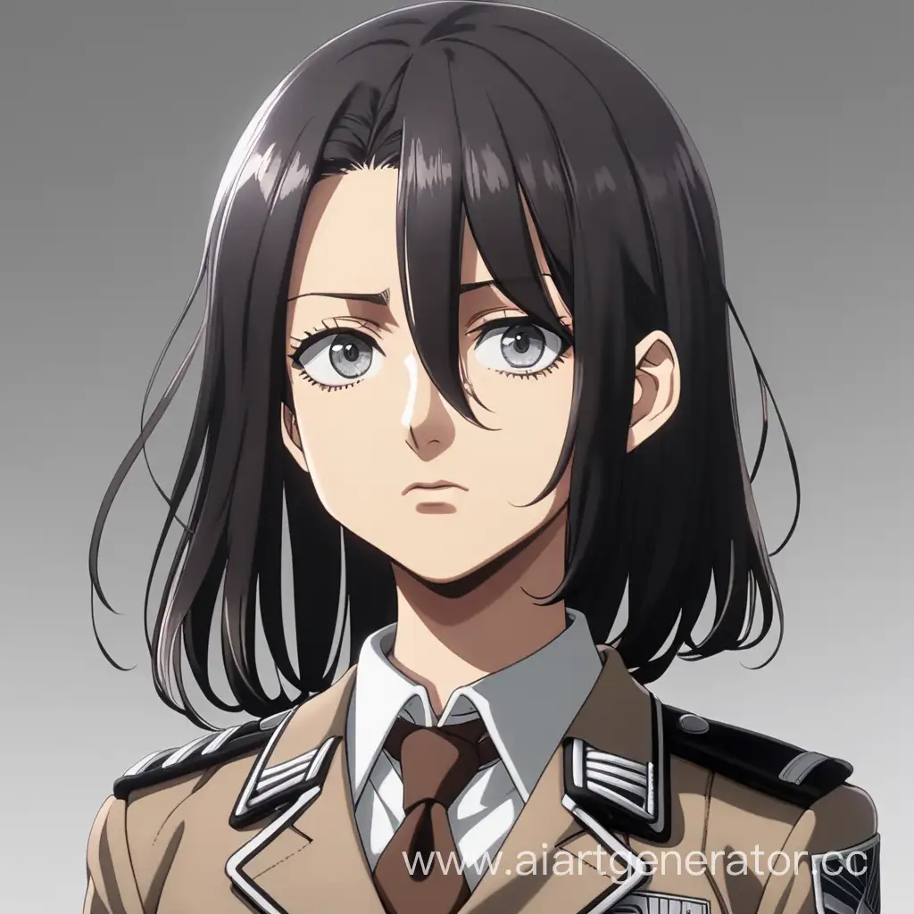A girl with dark hair and gray eyes, wearing a uniform from Attack on Titan