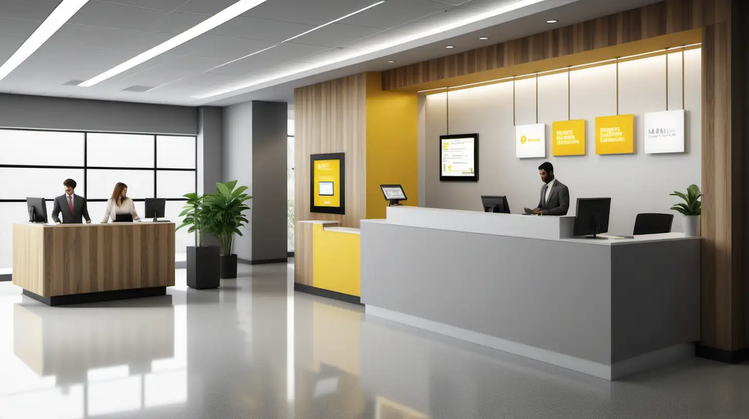 Bright Industrial Bank Lobby with SelfRegistration Desk and Teller Counters