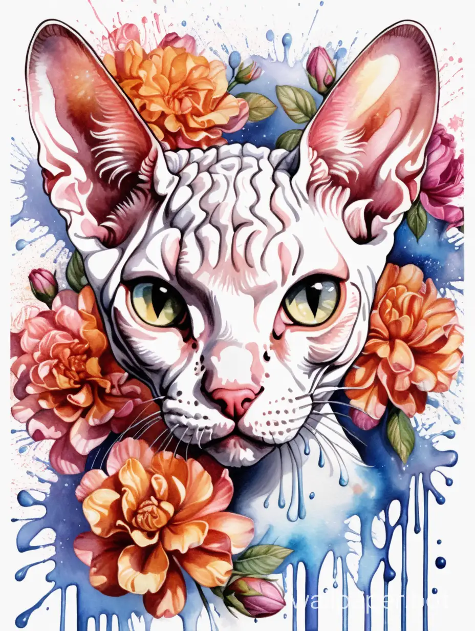 beautiful Devon Rex cat head, masterpiece flourish , hipperdetailed flowers , explosive dripping watercolor, stencil , sticker art