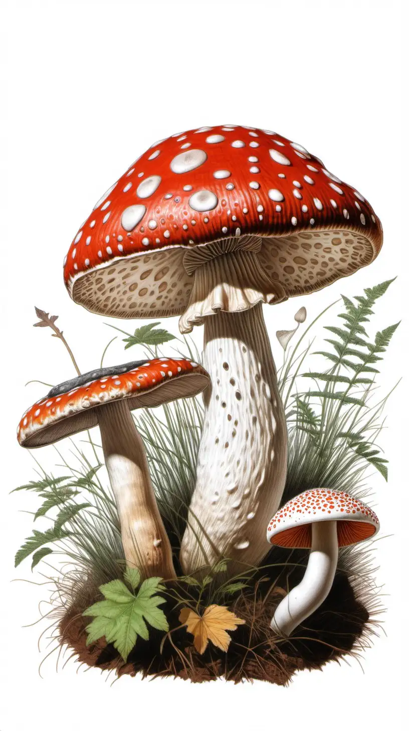extremely finely detailed realist drawing of a panther cap mushroom (Amanita pantherina), realistic scientifically accurate fine drawing for a science book