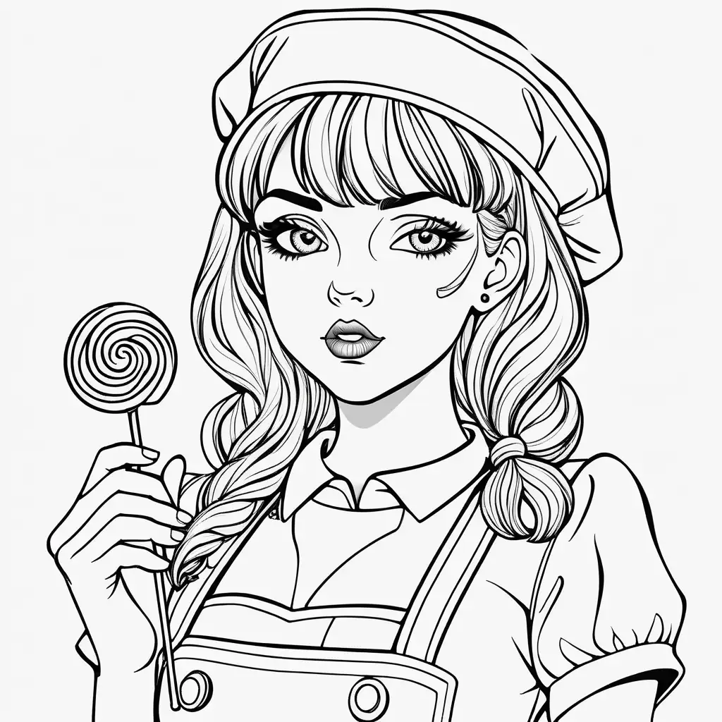 Coloring book image. Black and white. Outline only. No color. Highly detailed. Clean and clear outlines that allow for easy coloring. Ensure that the design provides ample space for creativity and coloring. High fashion, high fantasy, rebelious teen girl wearing naughty nurse halloween costume, holding a lollipop.