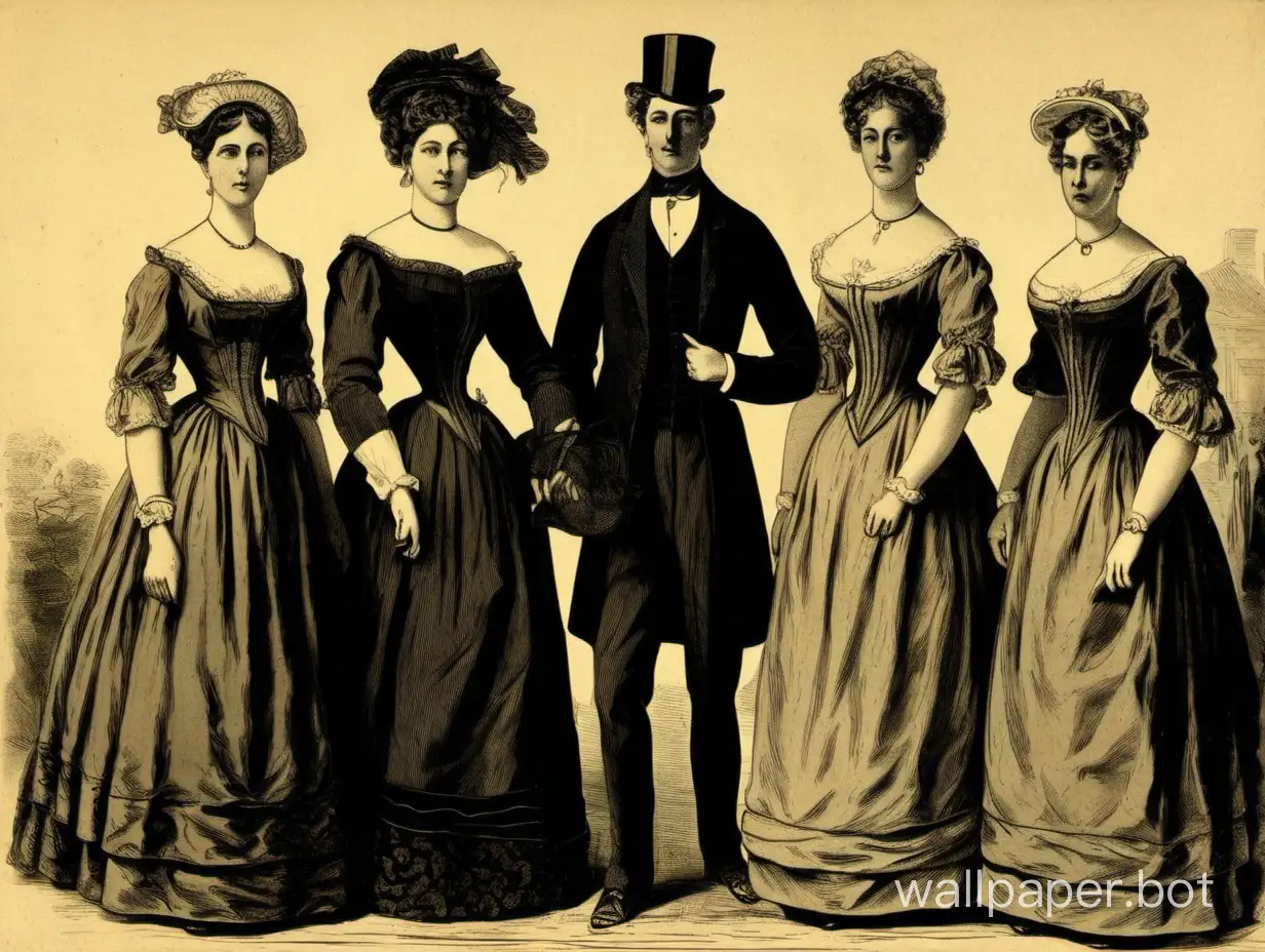 19th century, a man stands with three women. Women in dresses. Faces without distortions, of good quality.