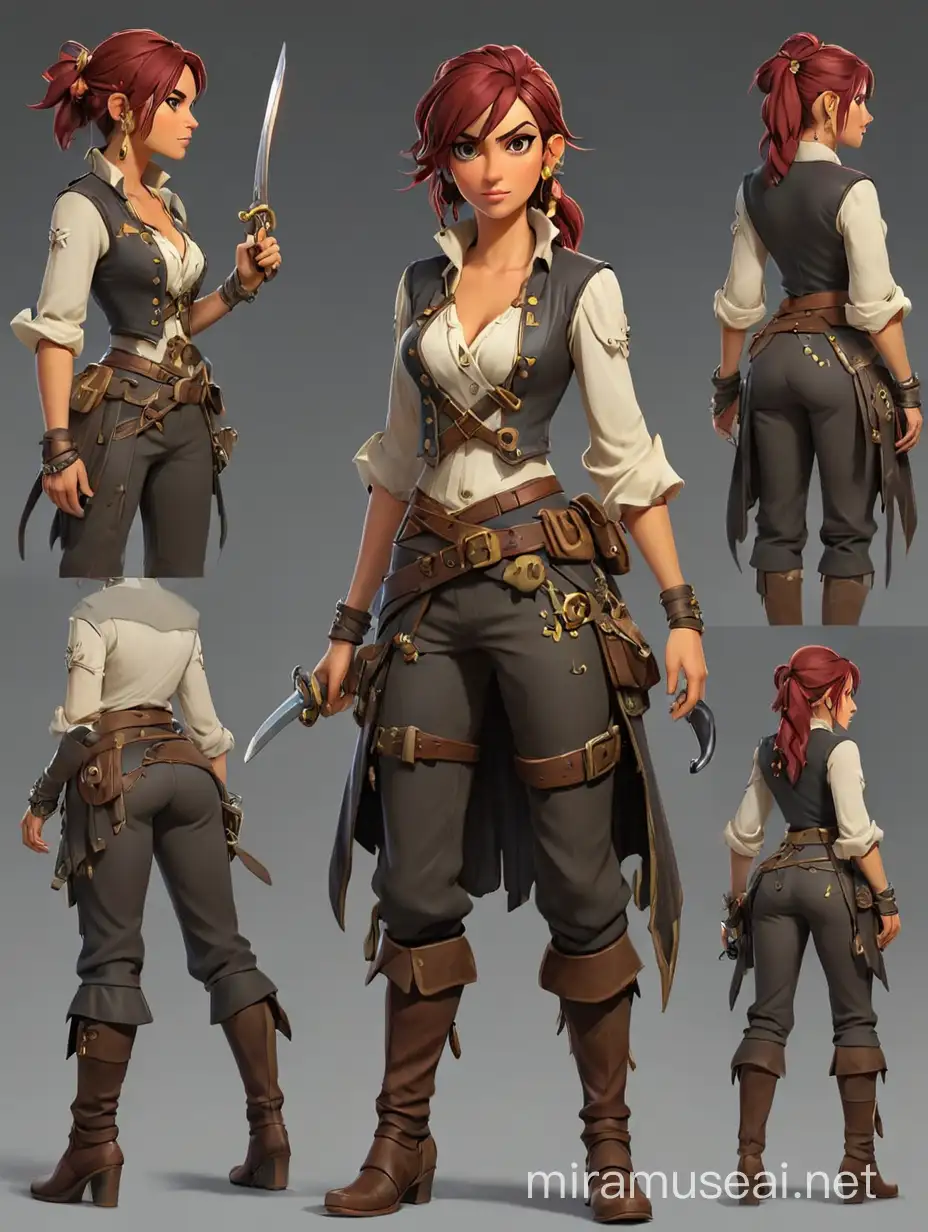 2d Concept art, pre-industrial era pirate, stylized female, character sheet, costume design, same character, front, side, back view

