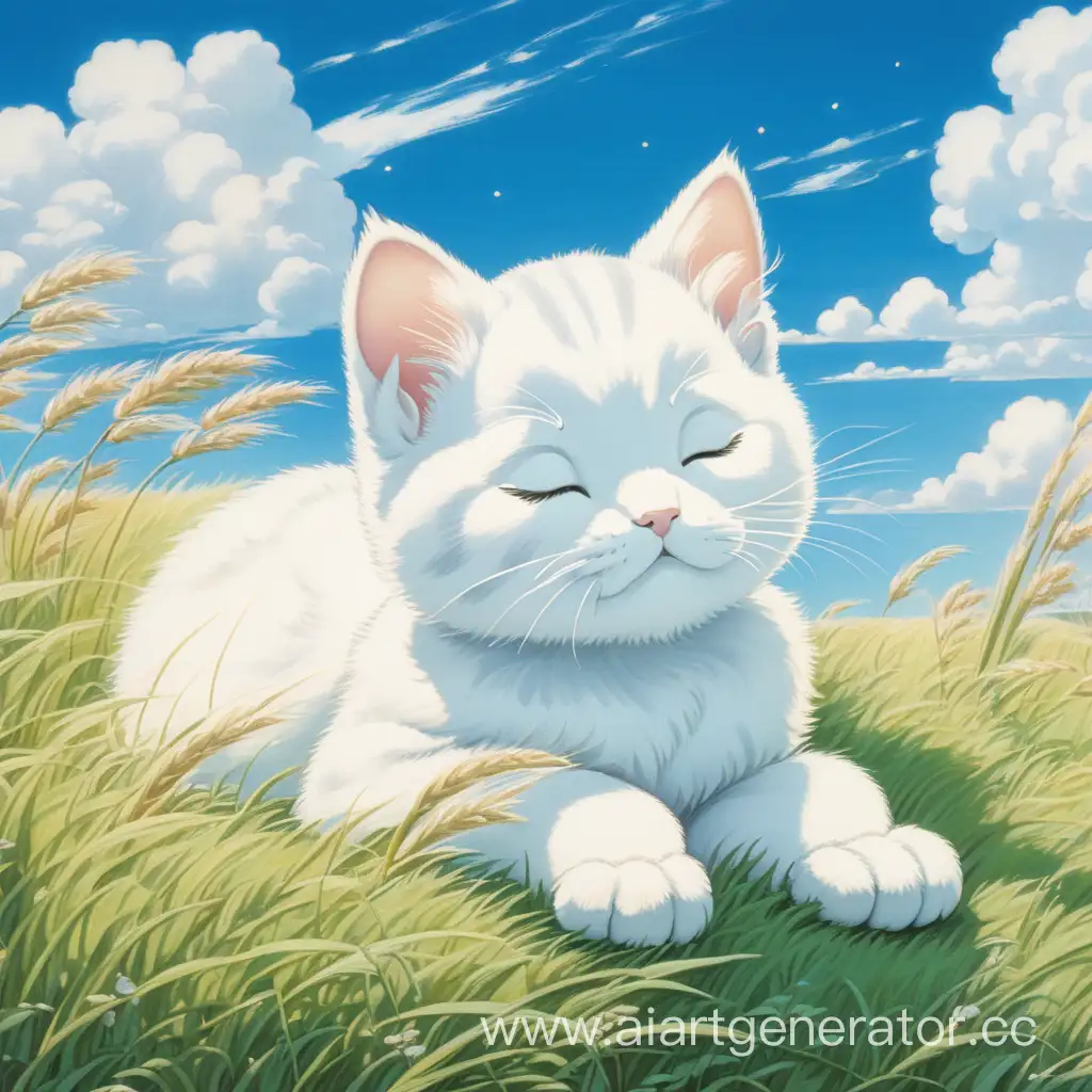 Японское искусство в стиле хаяо Миядзаки белого котенка, мирно спящего, небо голубое с несколькими белыми облаками, несколько трав на коротком шаге, 8k studio ghibli art