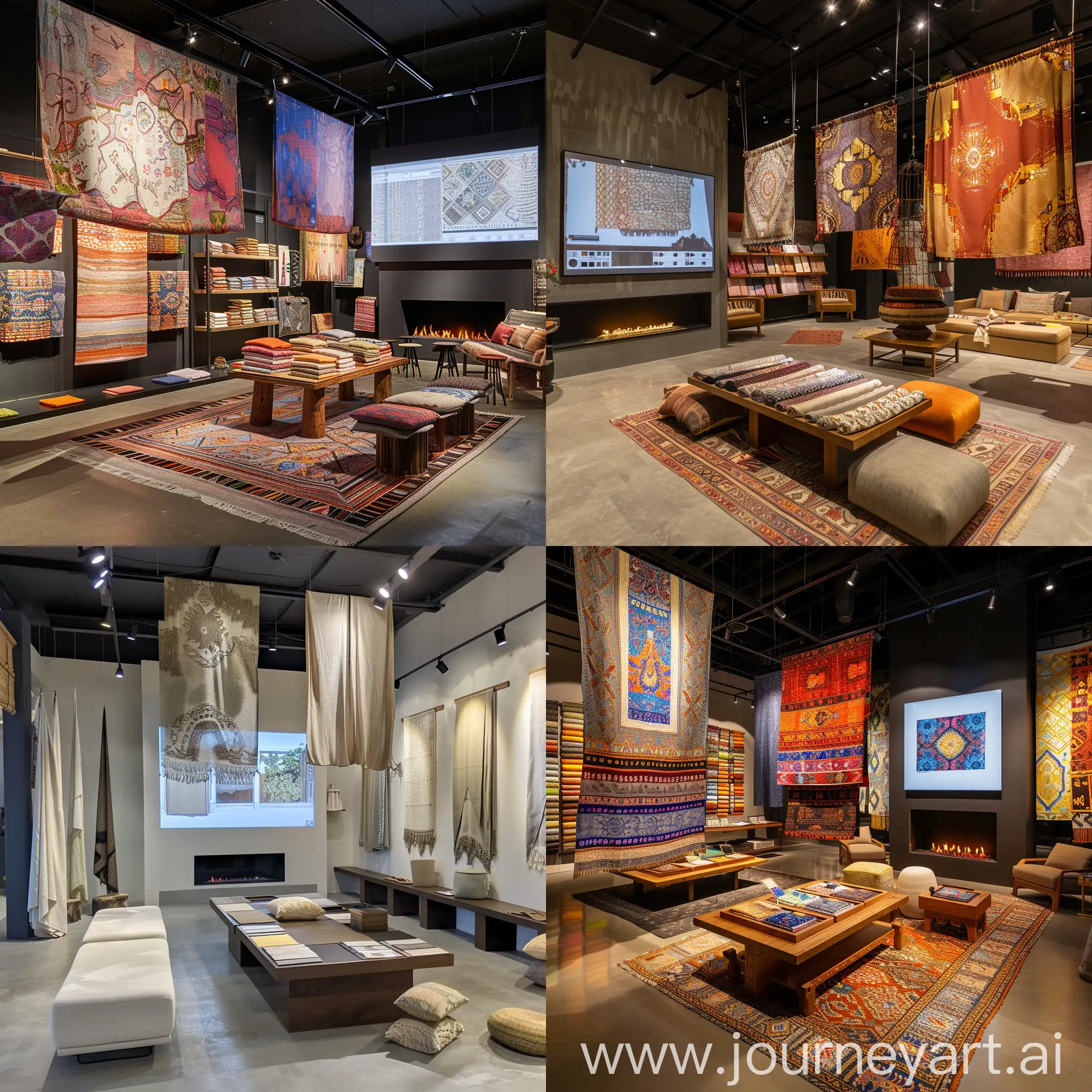 fabric shorwroom interior inspired by indonesian culture mix with modern, with hang display, seating area, display table, fire place, samples display, and fabric virtual visualisation screen on the wall, electric colour palette
