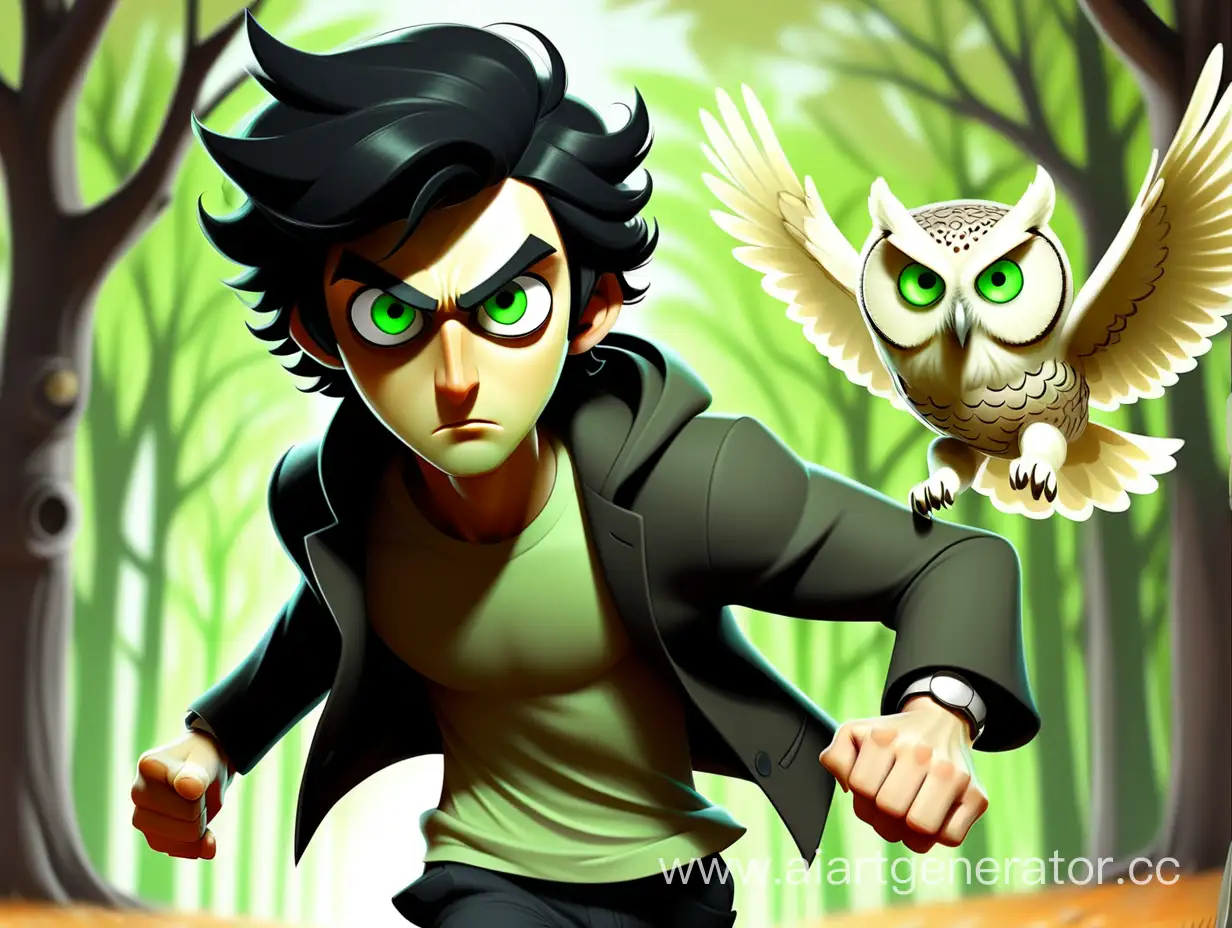 Нарисуй парня с зелёными глазами и чёрными волосами который бежит за совой