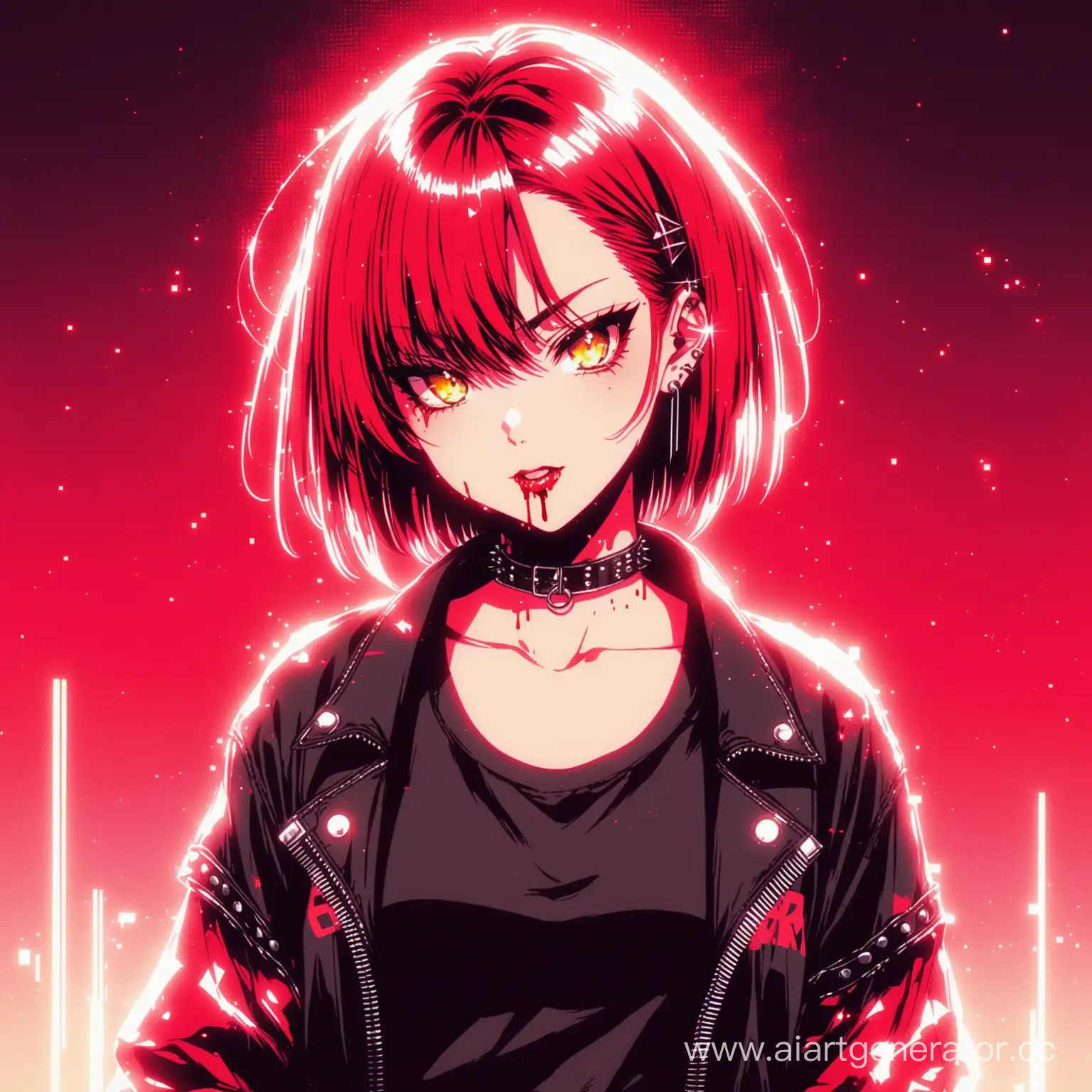 punk anime sexy girl, 90s style, blood, retro filter, glitch effects, sparkling highlights, red filter highlights, detail lights, 