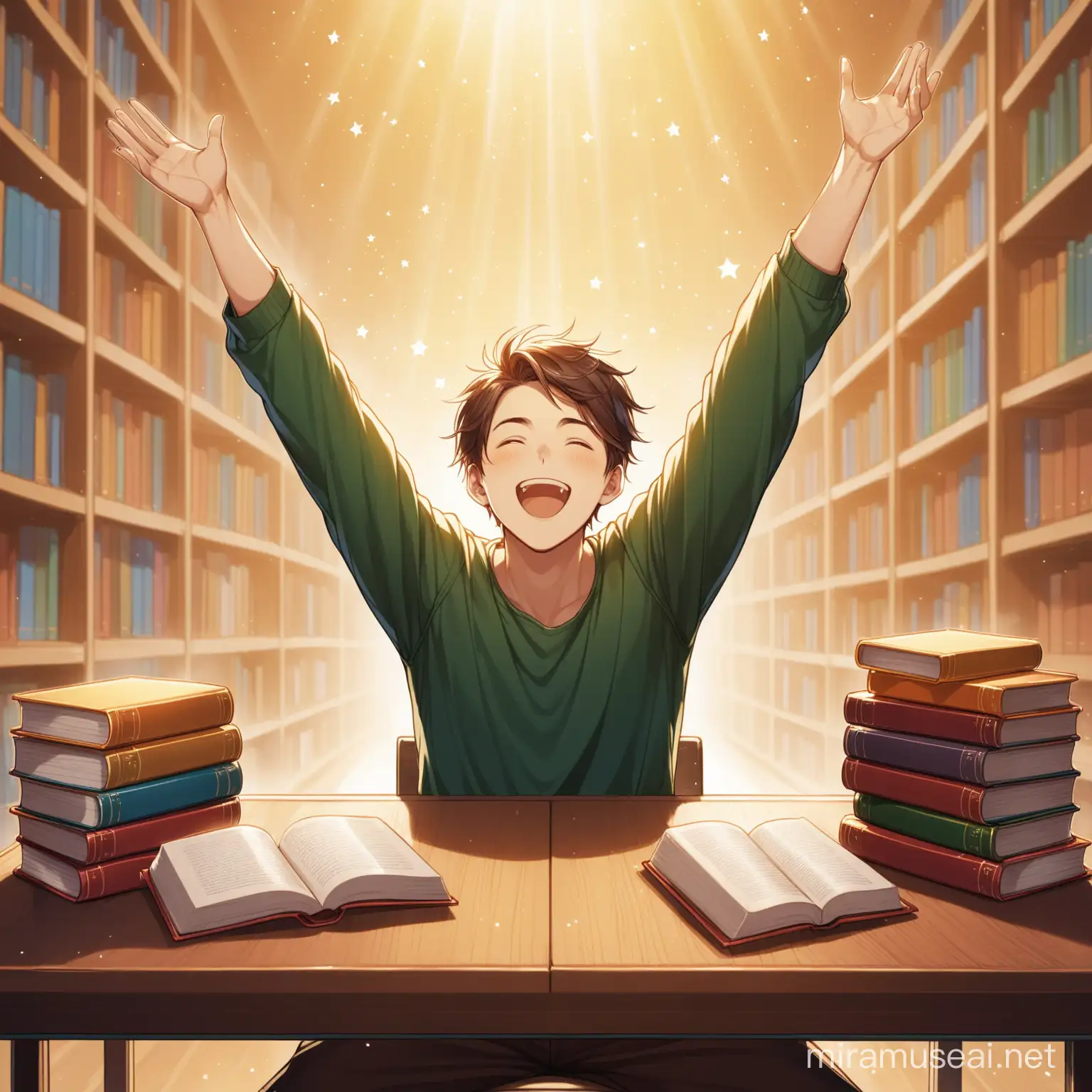 Joyful Young Man Studying with Books at Table